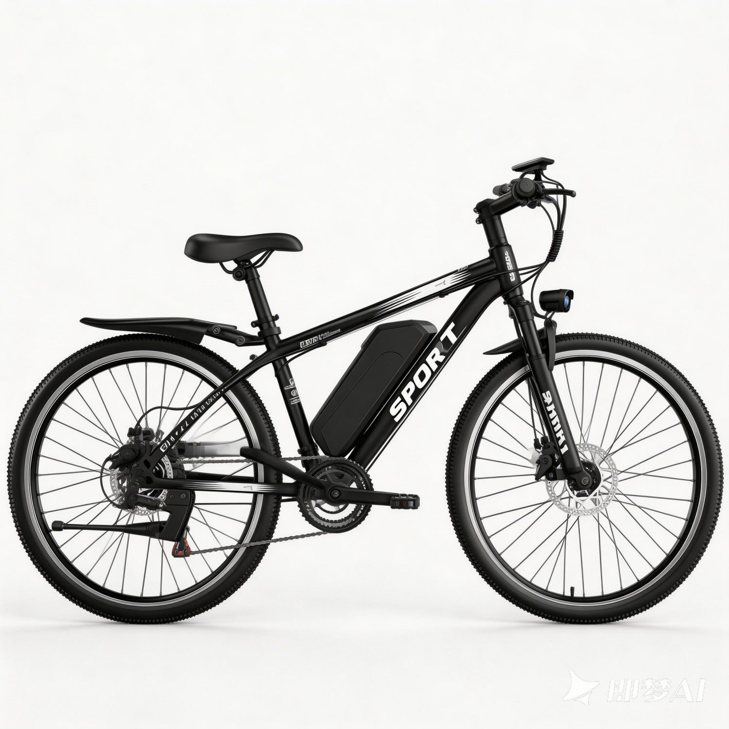Schwarzes Elektrofahrrad mit silbernen Felgen und schwarzem Akku.