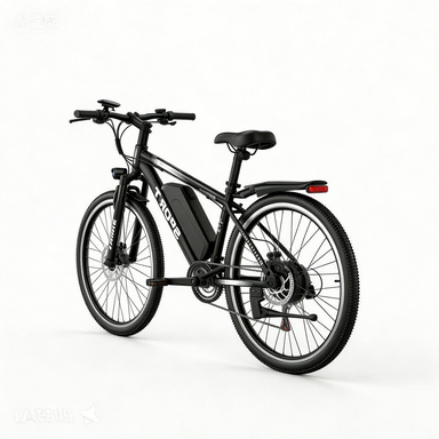 Schwarzes E-Bike mit Akku am Rahmen, Scheibenbremsen und Gepäckträger.