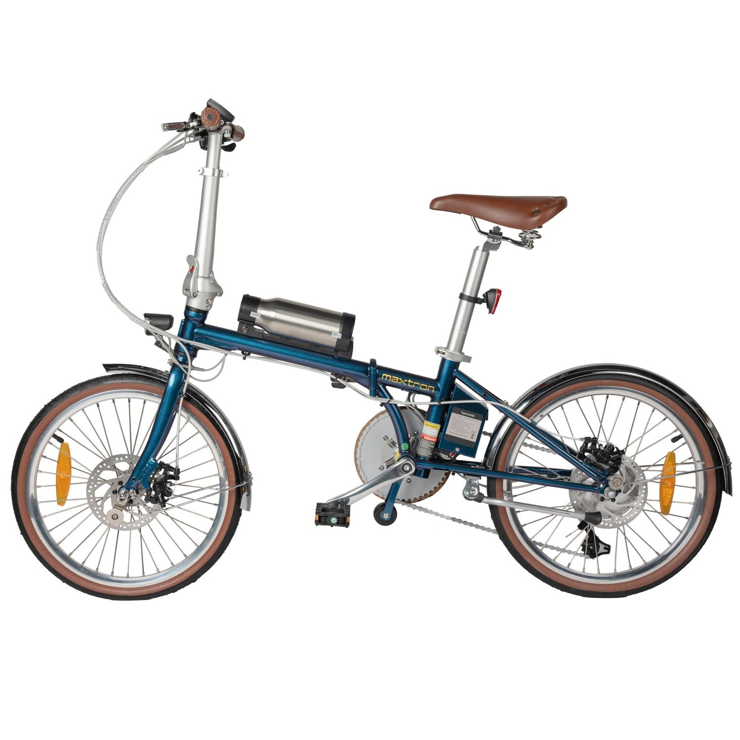 Una bicicletta pieghevole blu con sella e manopole in pelle marrone, telaio argento.