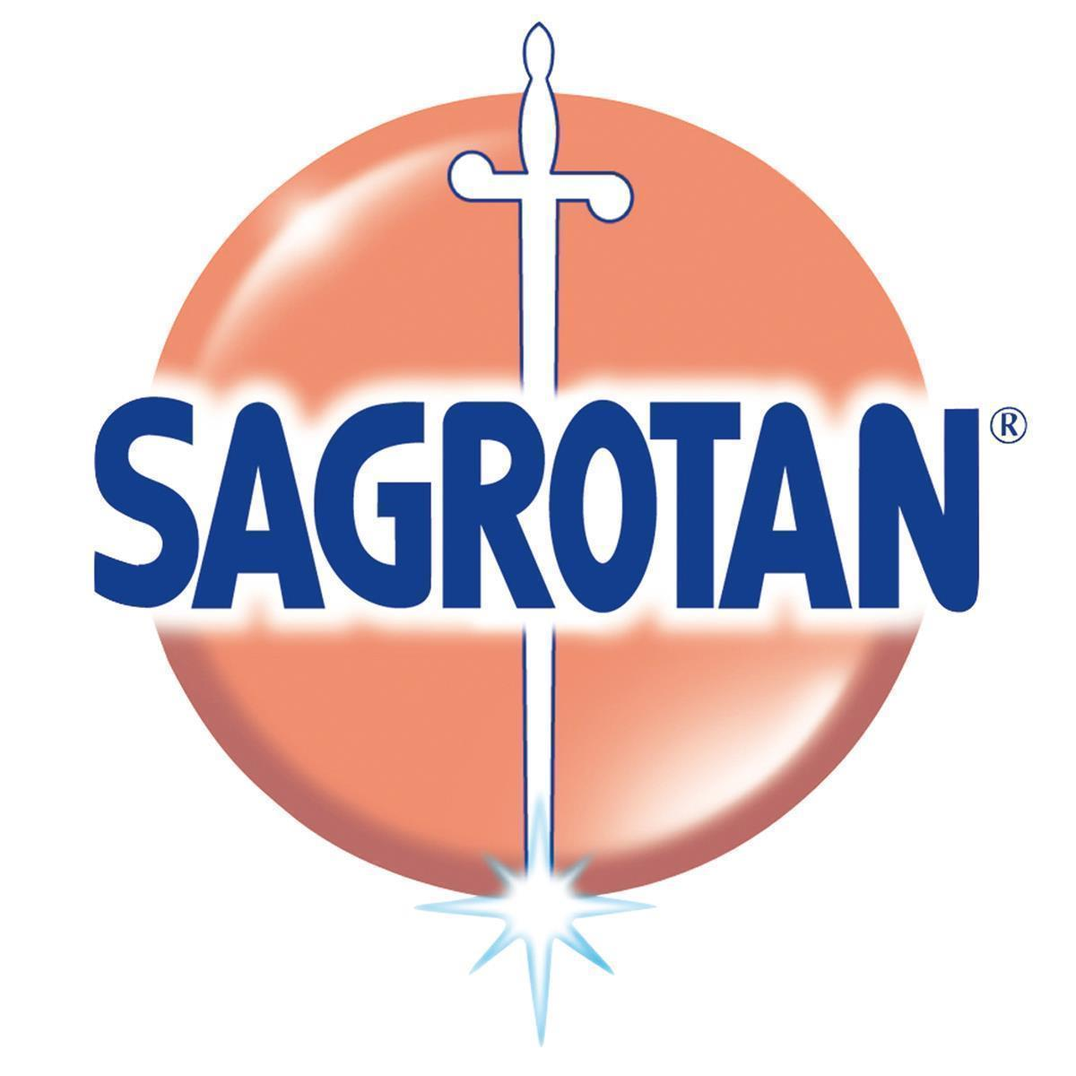 Sagrotan-Logo: blauer Text auf orangem Kreis mit Schwert und Stern.