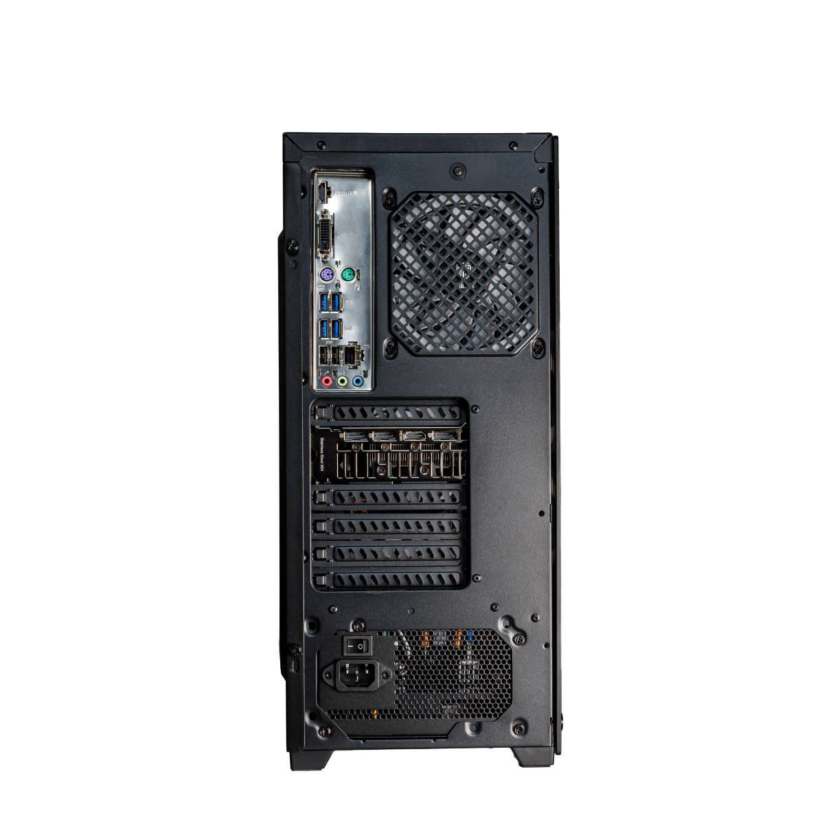 Rückseite eines schwarzen Computergehäuses mit Anschlüssen und Lüfter.