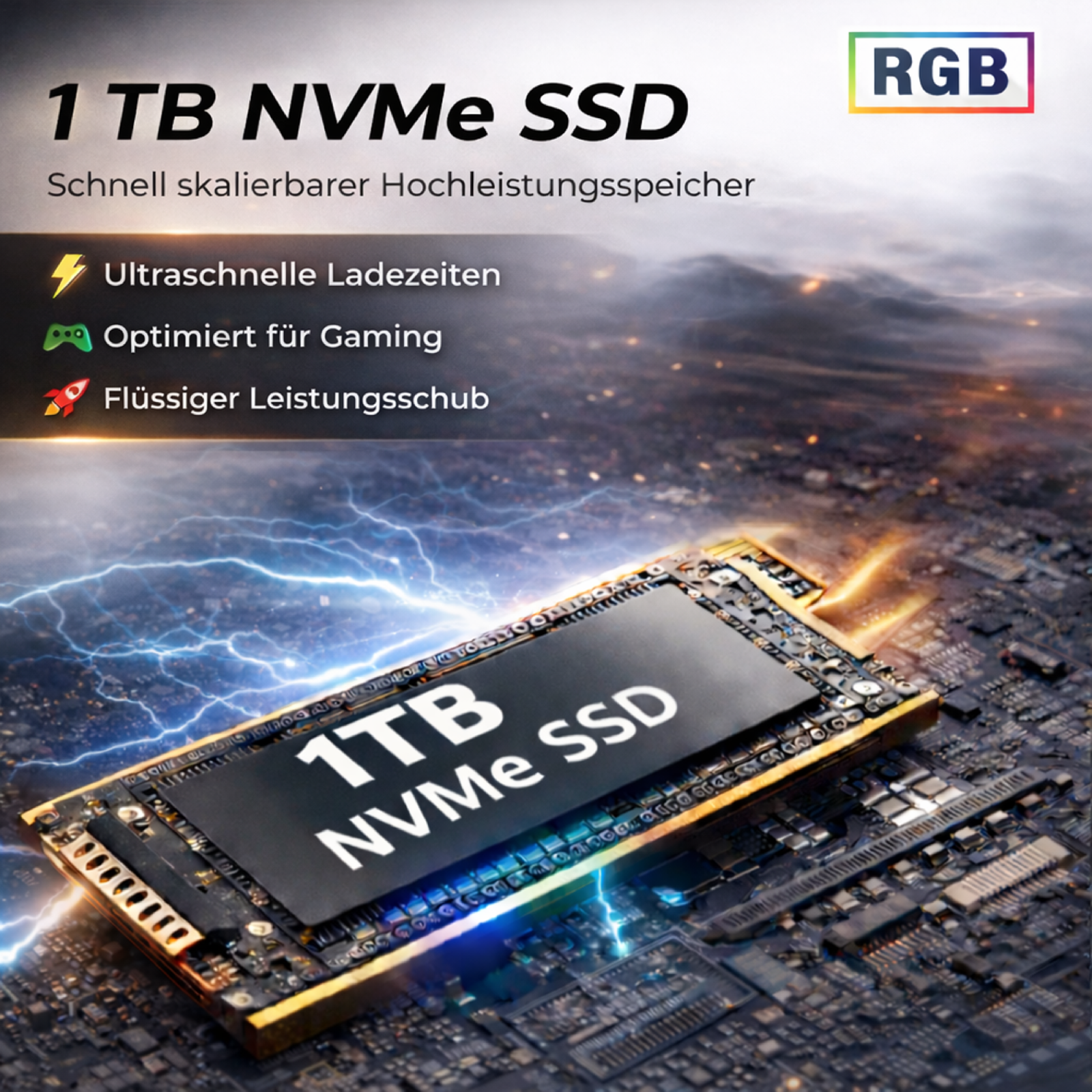 1 TB NVMe SSD mit RGB-Beleuchtung, auf einem Schaltkreis, Blitzeffekte.