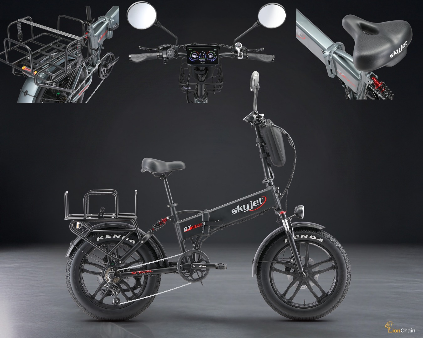Katlanabilir Skyjet elektrikli bisiklet, arka bagajlar, ekran ve aynalar.