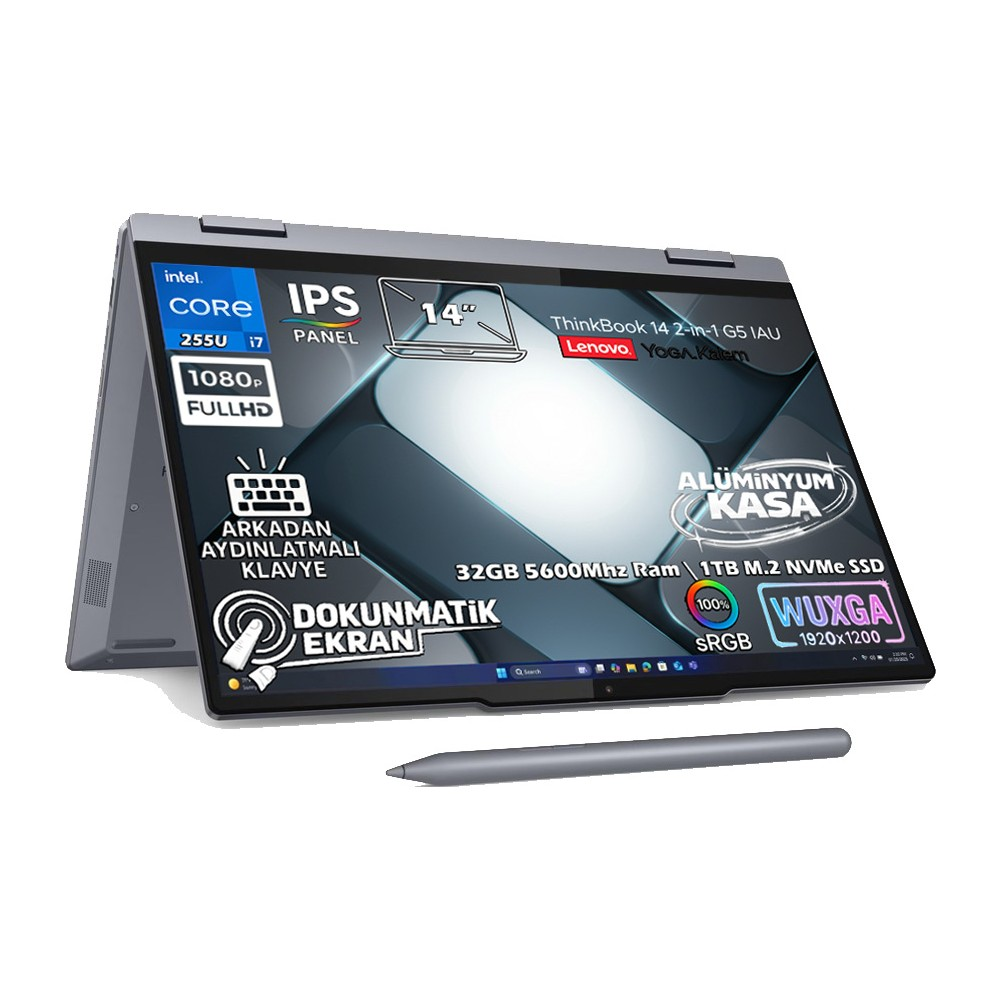 LENOVO ThinkBook 14 2'si 1 Arada G5 IAU DDR5 WUXGA 1920X1200 IPS Panel Dokunmatik 21SQ003BTXAT88 Intel Core Ultra 7 255U 64 GB RAM 4 TB SSD 14 inç FreeDOS Laptop Gri