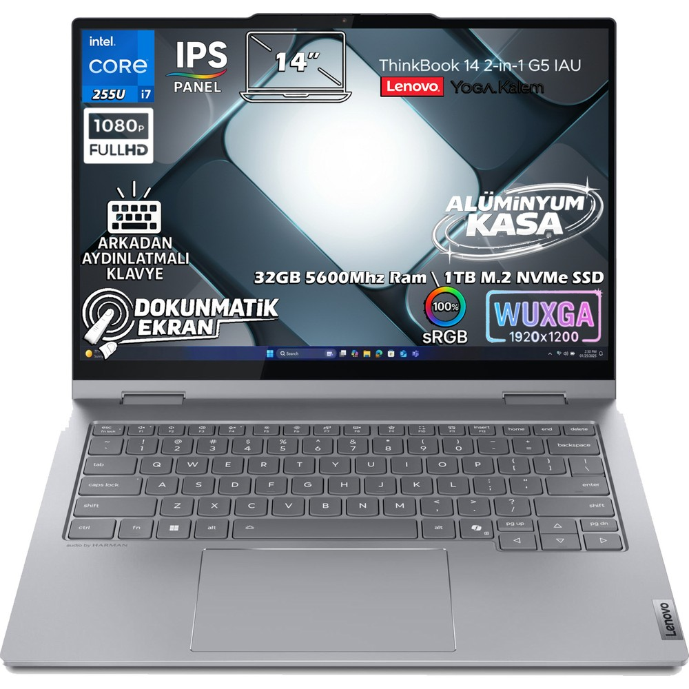 Lenovo ThinkBook 14 2'si 1 arada dizüstü bilgisayar, Intel Core i7, 14" IPS WUXGA ekran, 32GB RAM.