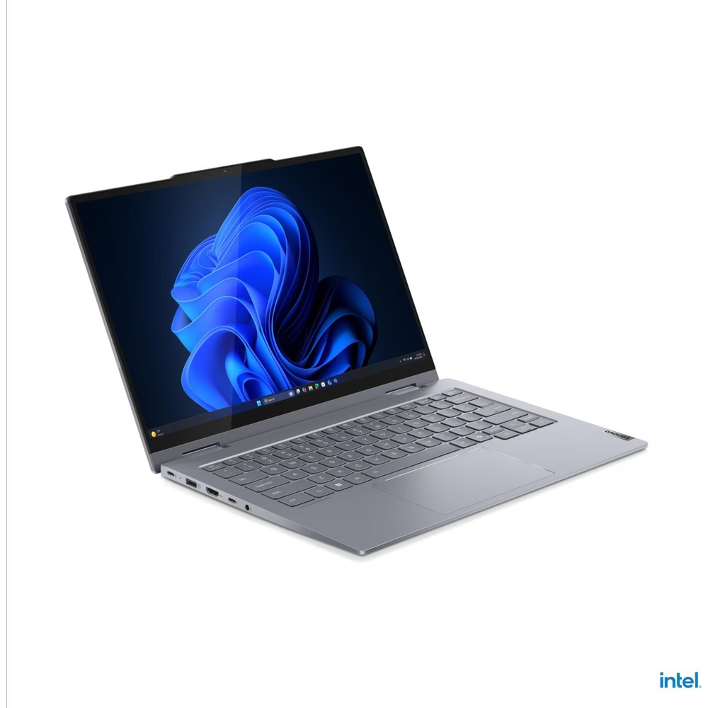 Gri bir Lenovo dizüstü bilgisayar açık, mavi bir Windows duvar kağıdı gösteriyor.