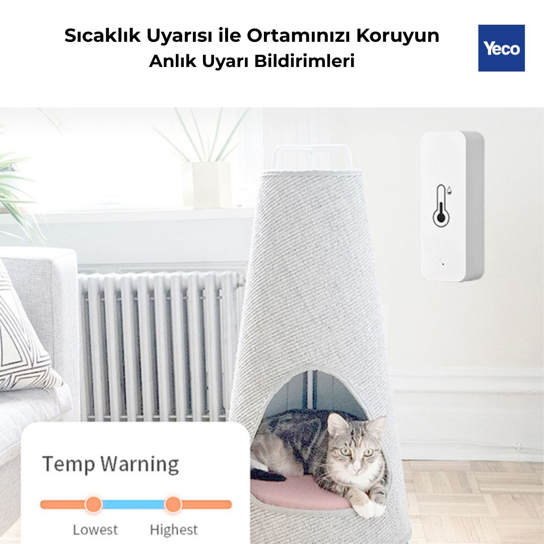 Bir kedi çadır benzeri yapıda dinleniyor, duvarda termometre var.