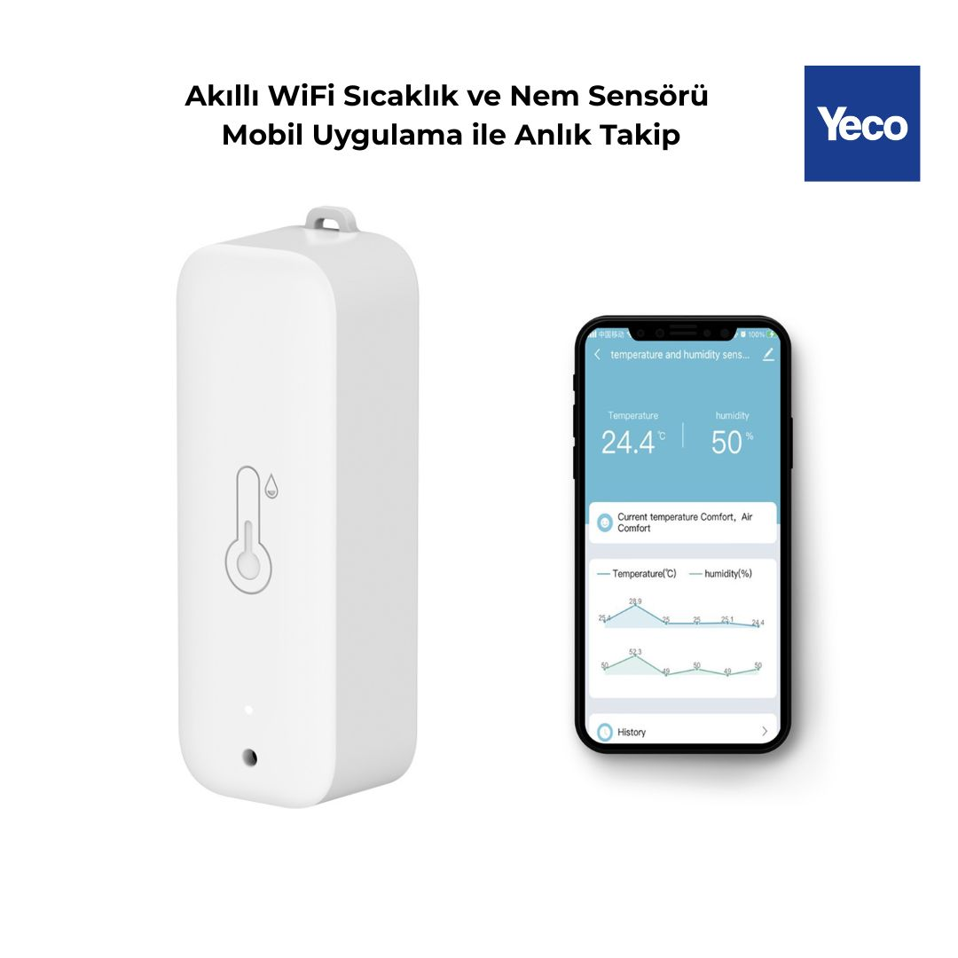 Uygulamayı gösteren bir akıllı telefonun yanında beyaz bir sıcaklık ve nem sensörü.