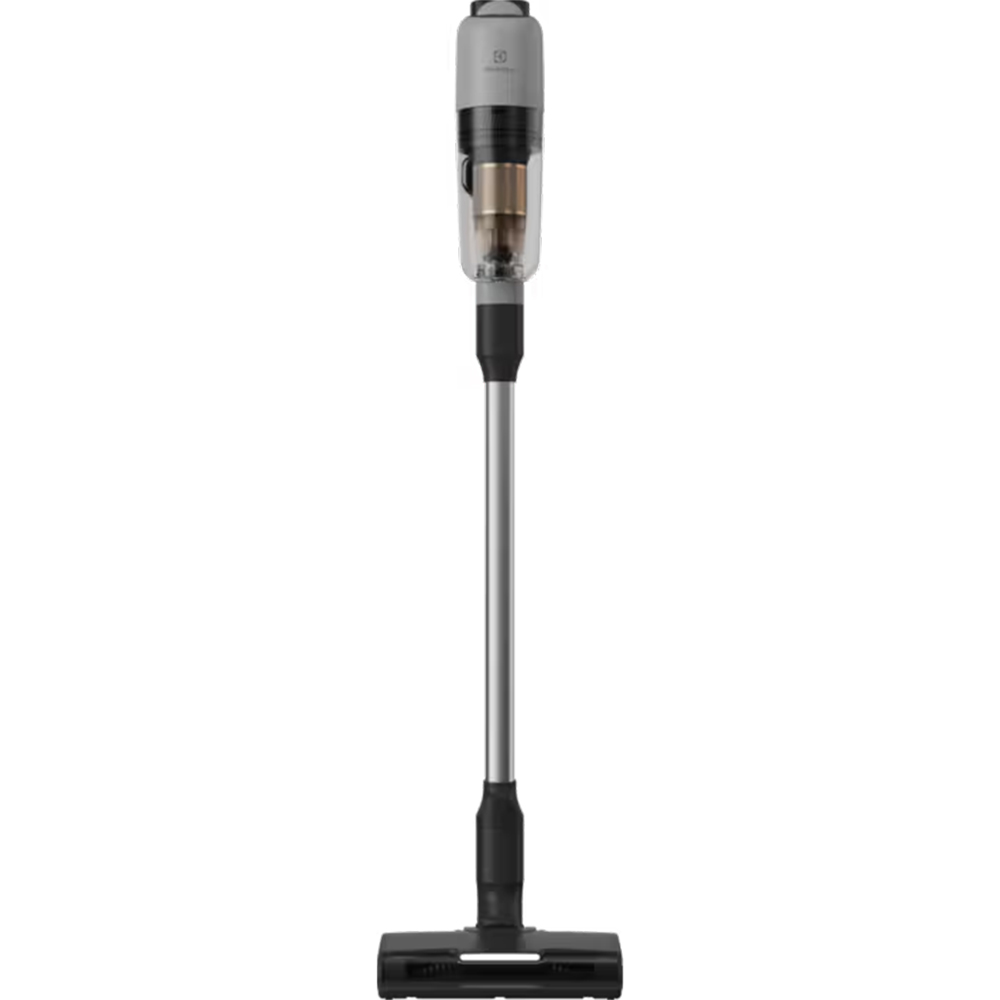 Un aspirapolvere portatile grigio con tubo argentato e testina spazzola nera.