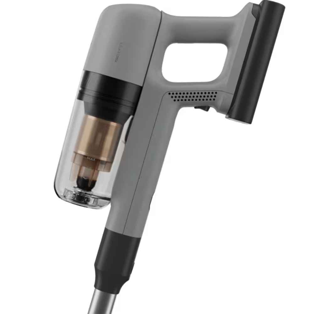 Aspirapolvere portatile grigio con contenitore trasparente e filtro dorato.
