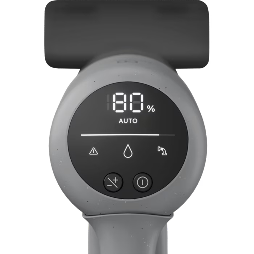Dispositivo grigio con display digitale: 80% AUTO, icona avviso, goccia, spray.