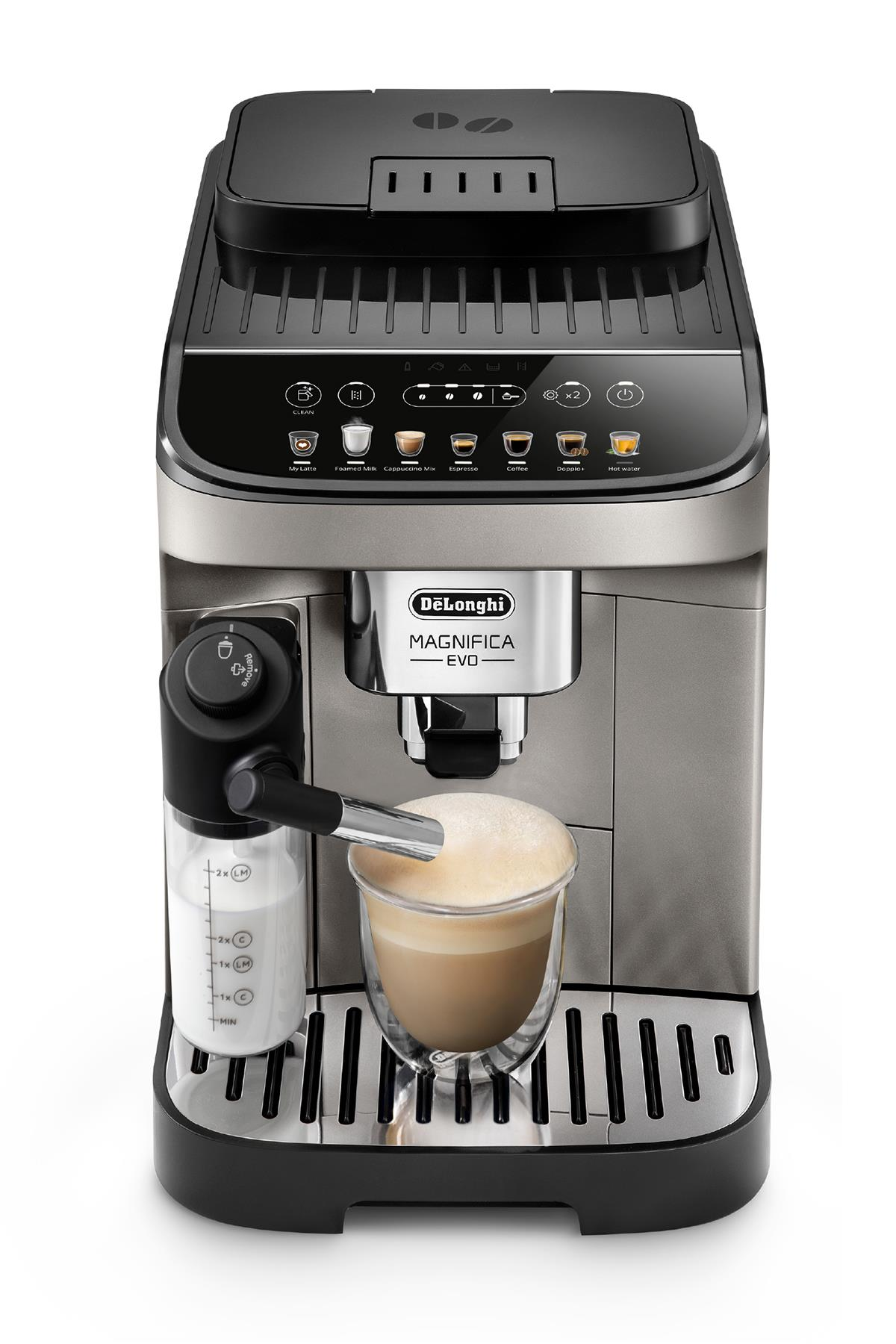 Macchina da caffè DeLonghi grigia con caraffa latte e bicchiere con caffè schiumoso.