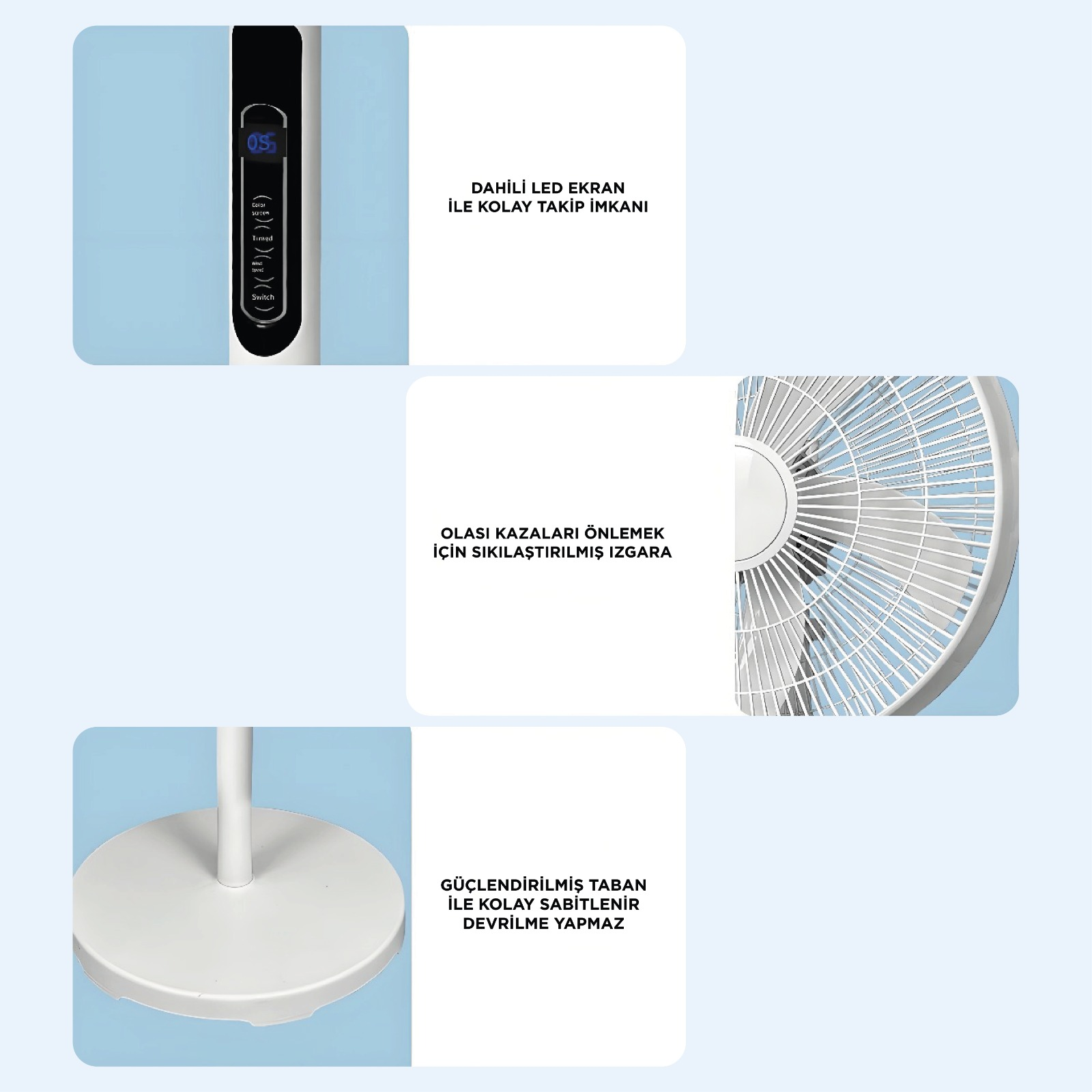 LED ekranlı, sıkı ızgaralı ve sağlam tabanlı beyaz bir vantilatör.