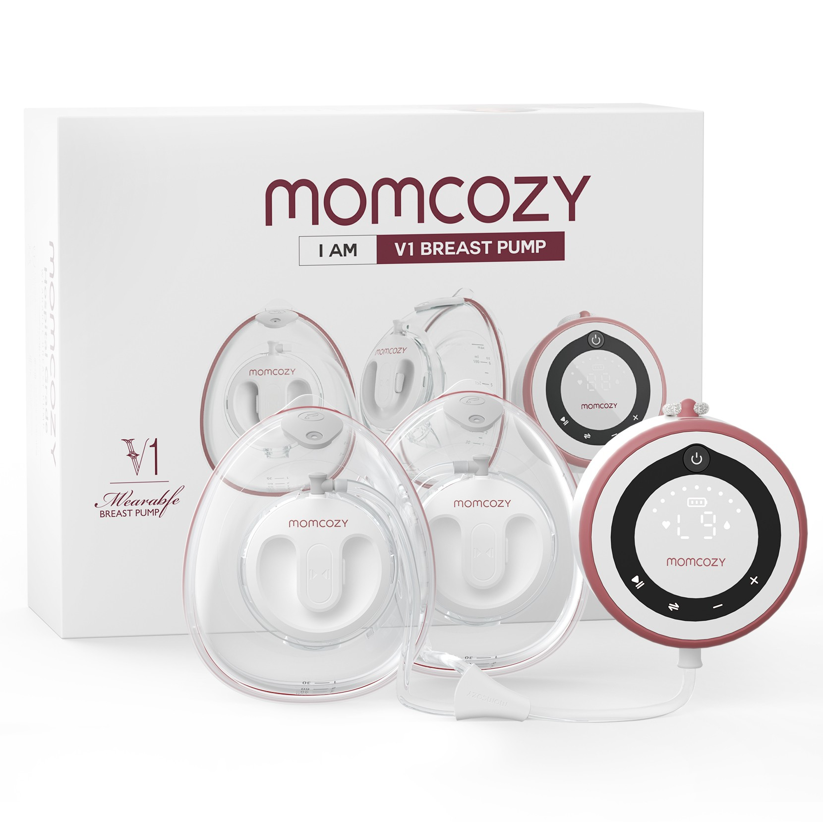 Momcozy V1 Wearable Brustpumpe mit Zubehör und Verpackung.