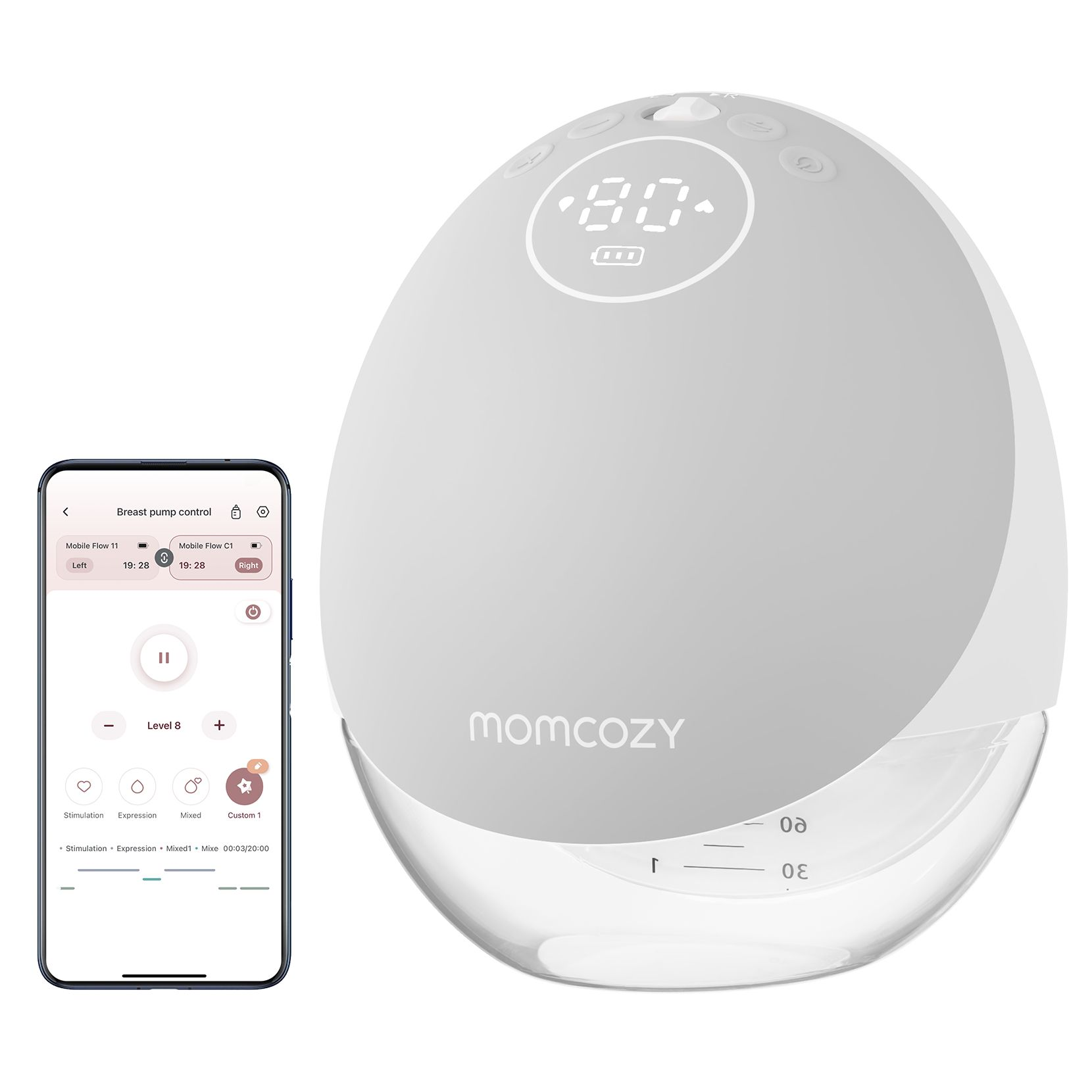 Biały laktator ze smartfonem pokazującym jego kontrolki.