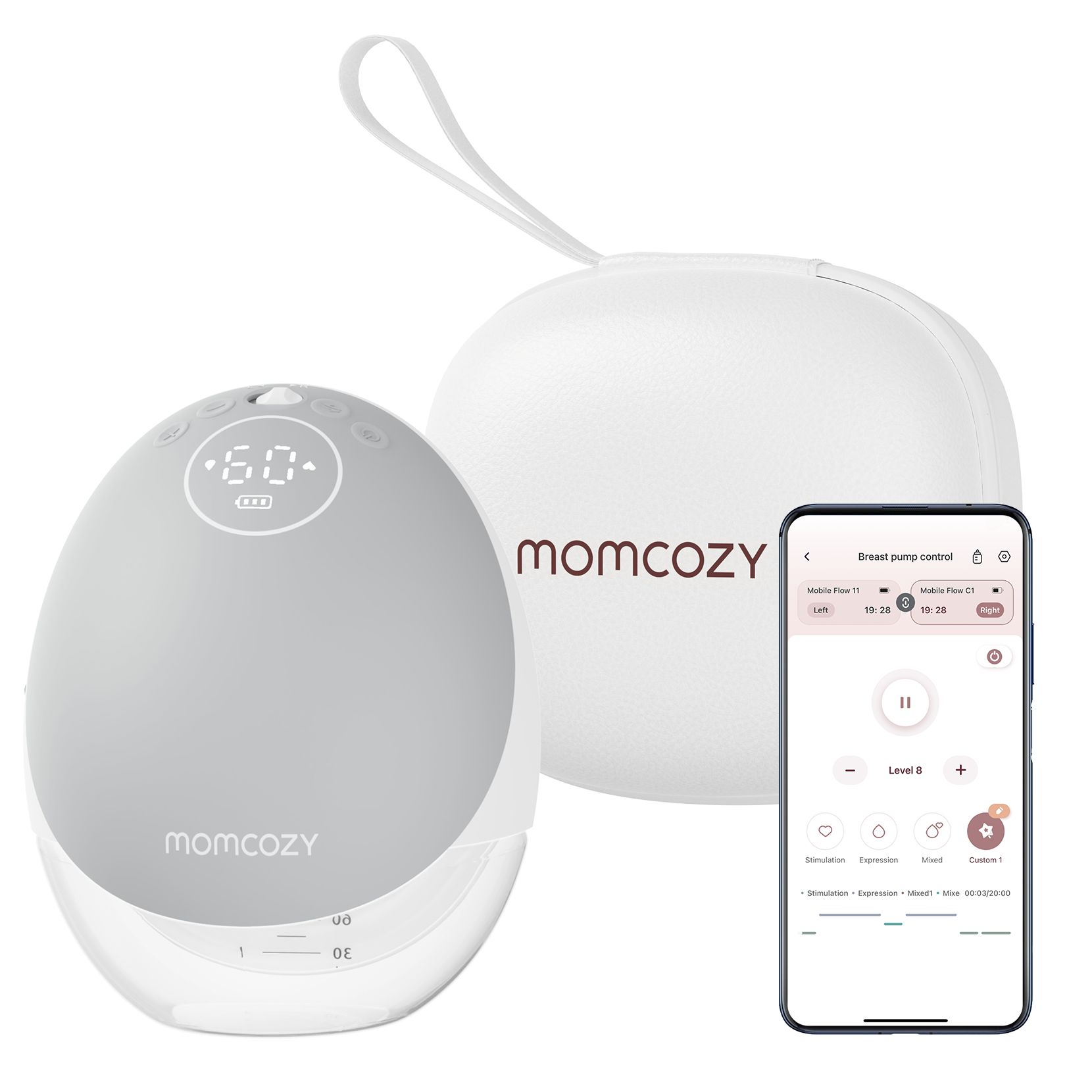 Szary i biały kontroler laktatora Momcozy ze smartfonem.
