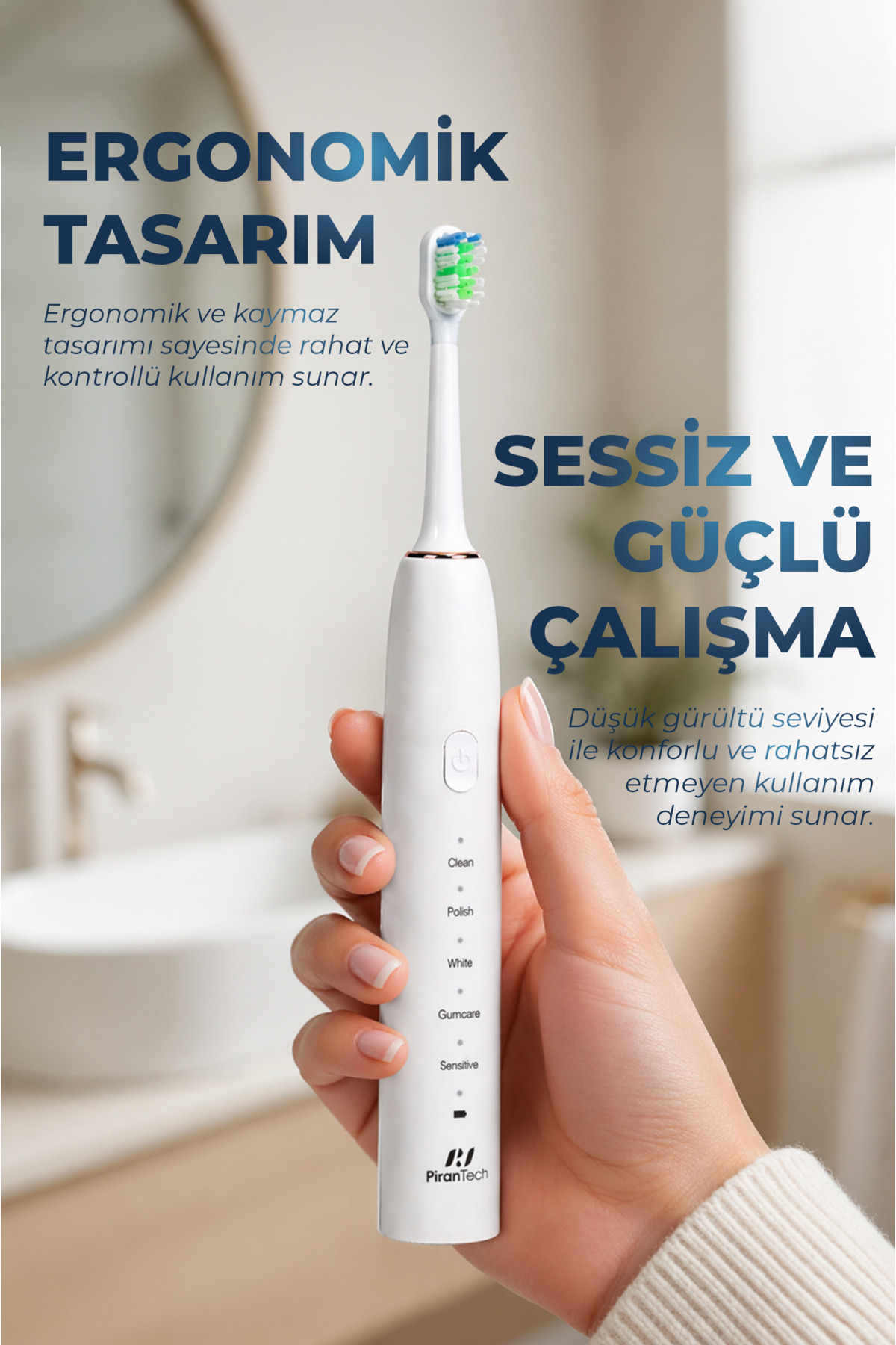 Bir el, banyoda mavi ve yeşil kıllı beyaz elektrikli diş fırçası tutuyor.