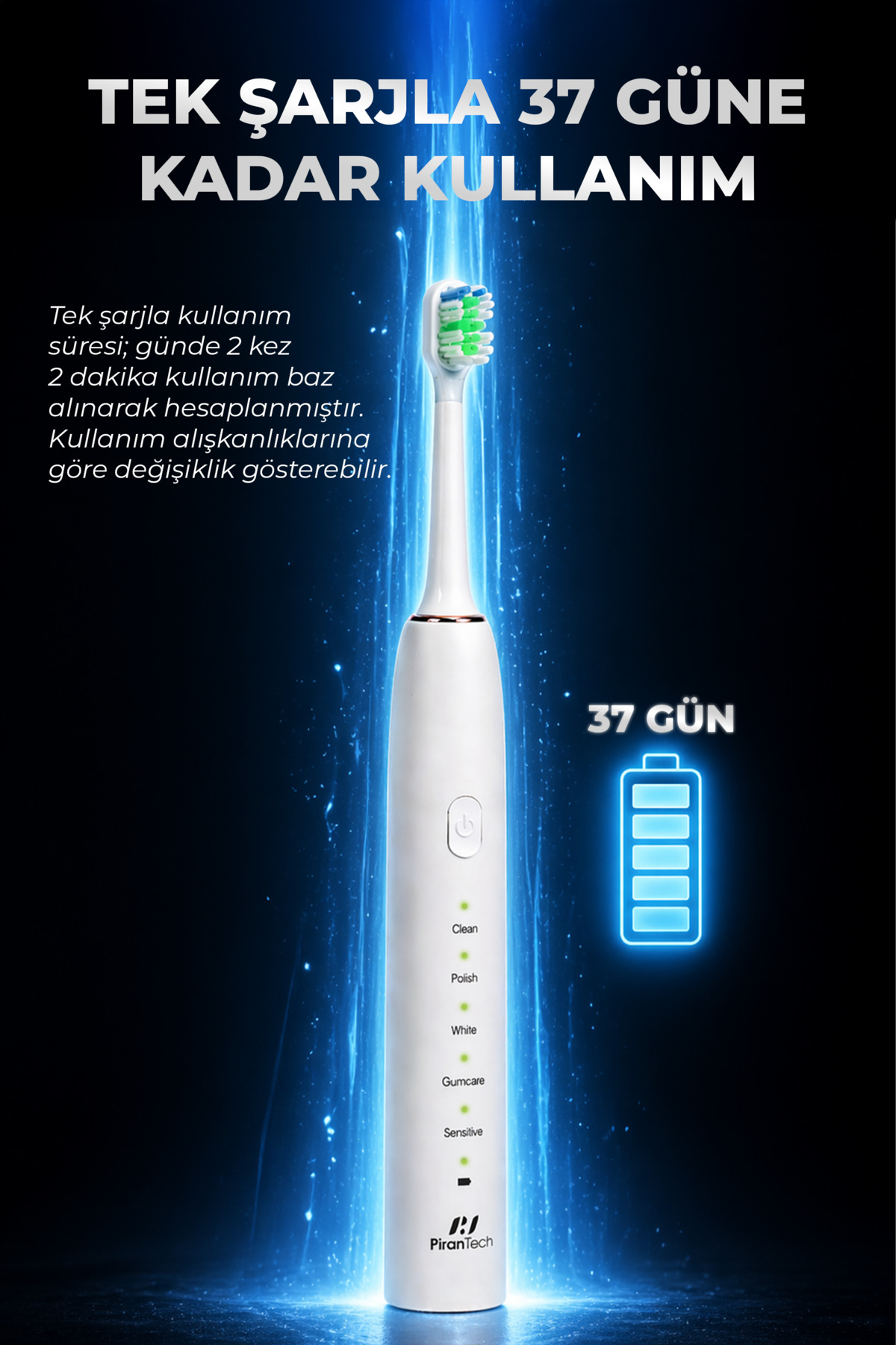 Mavi ışık efektli beyaz elektrikli diş fırçası, pil göstergesi ve yazı.