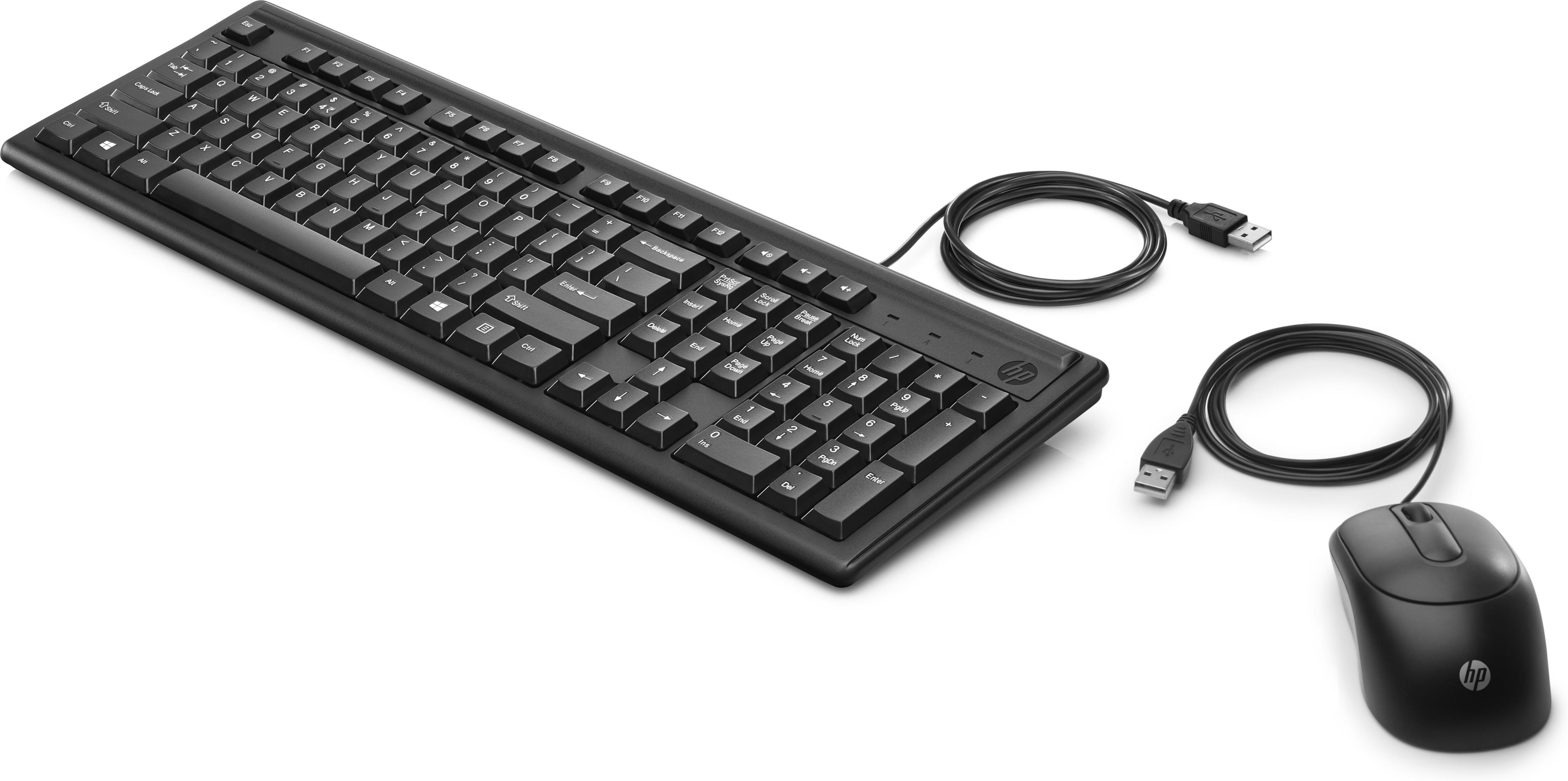 Teclado y ratón HP negros con cables USB sobre fondo blanco.