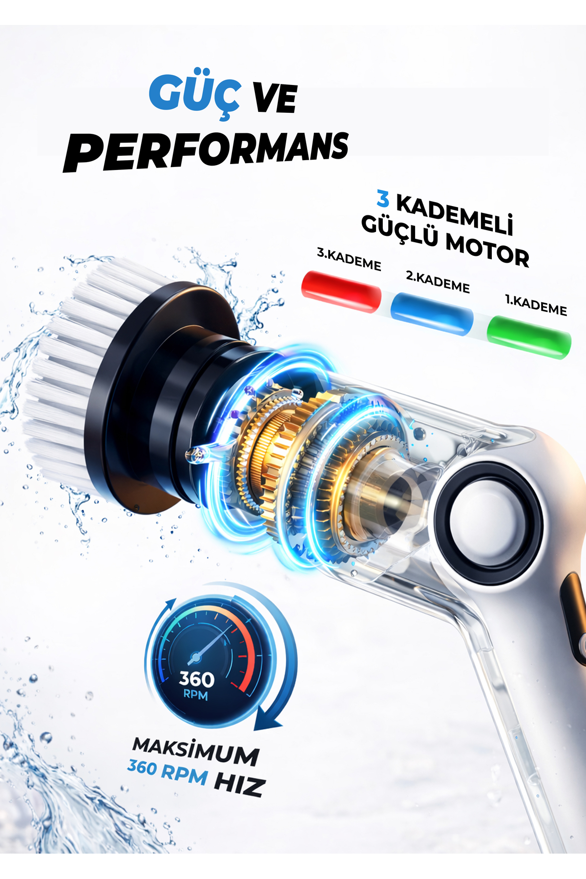 3 kademeli motorlu, 360 RPM göstergeli, su efektli temizlik fırçası.