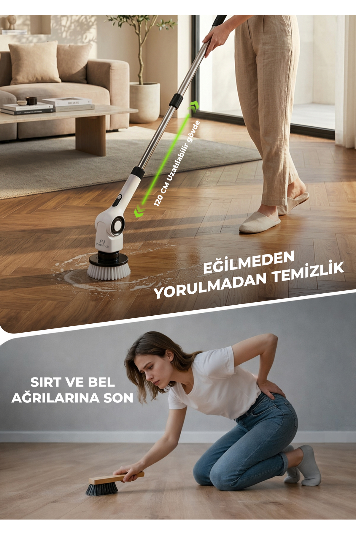 Yerde kullanılan elektrikli temizlik fırçası, kişi eğilmeden temizliyor.