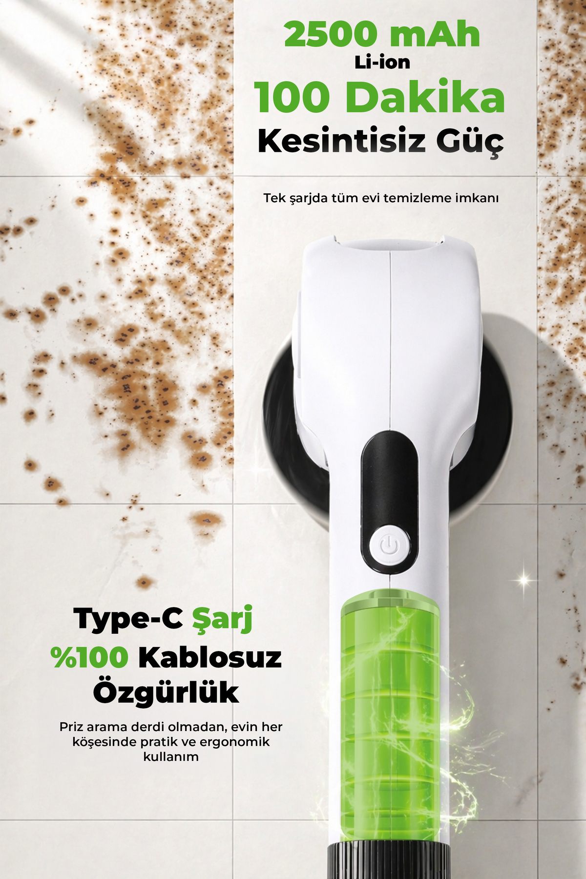 Yeşil pilli beyaz kablosuz temizleyici ve güç hakkında metin.