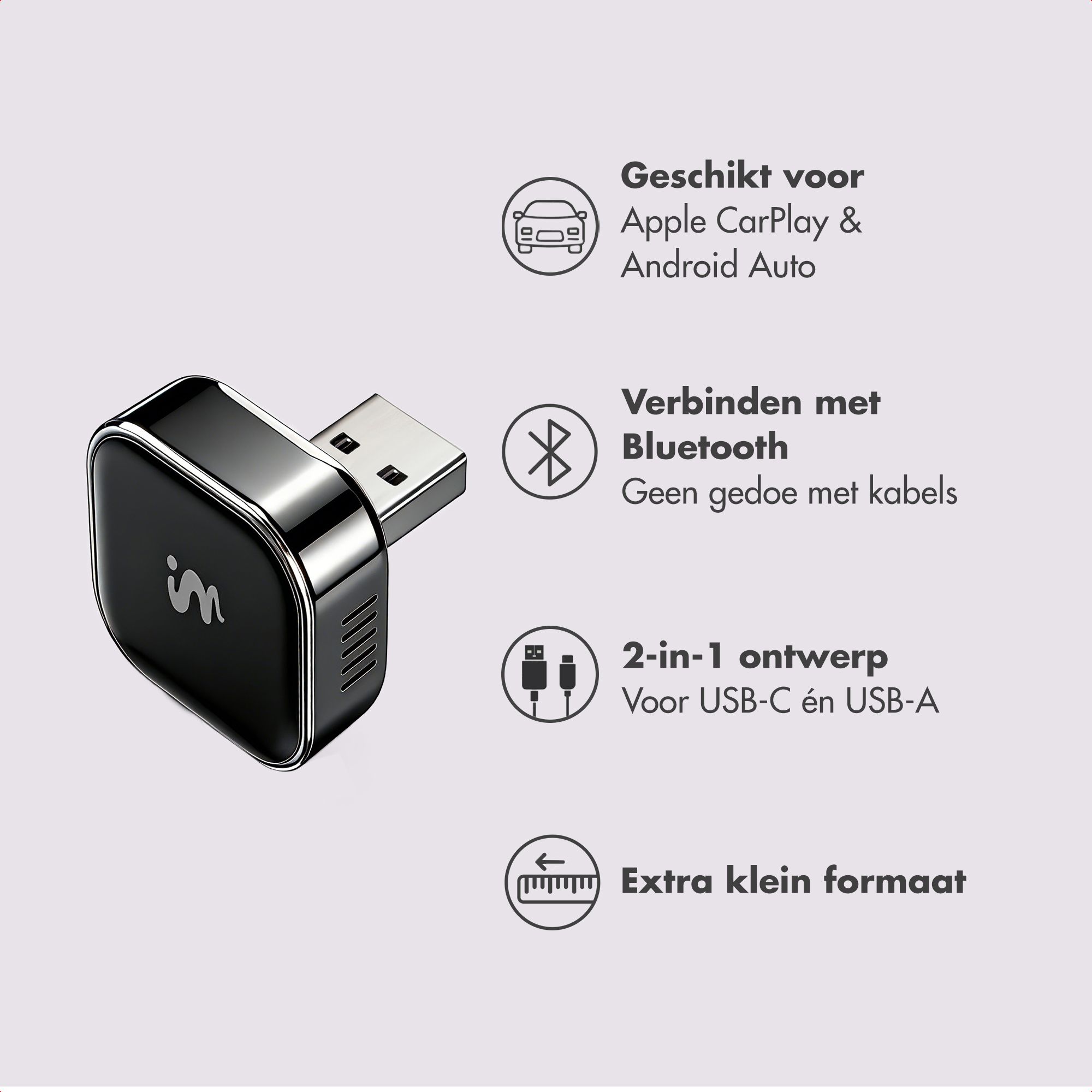 Black USB adapter with icons for CarPlay, Bluetooth, 2-in-1 design, and size.