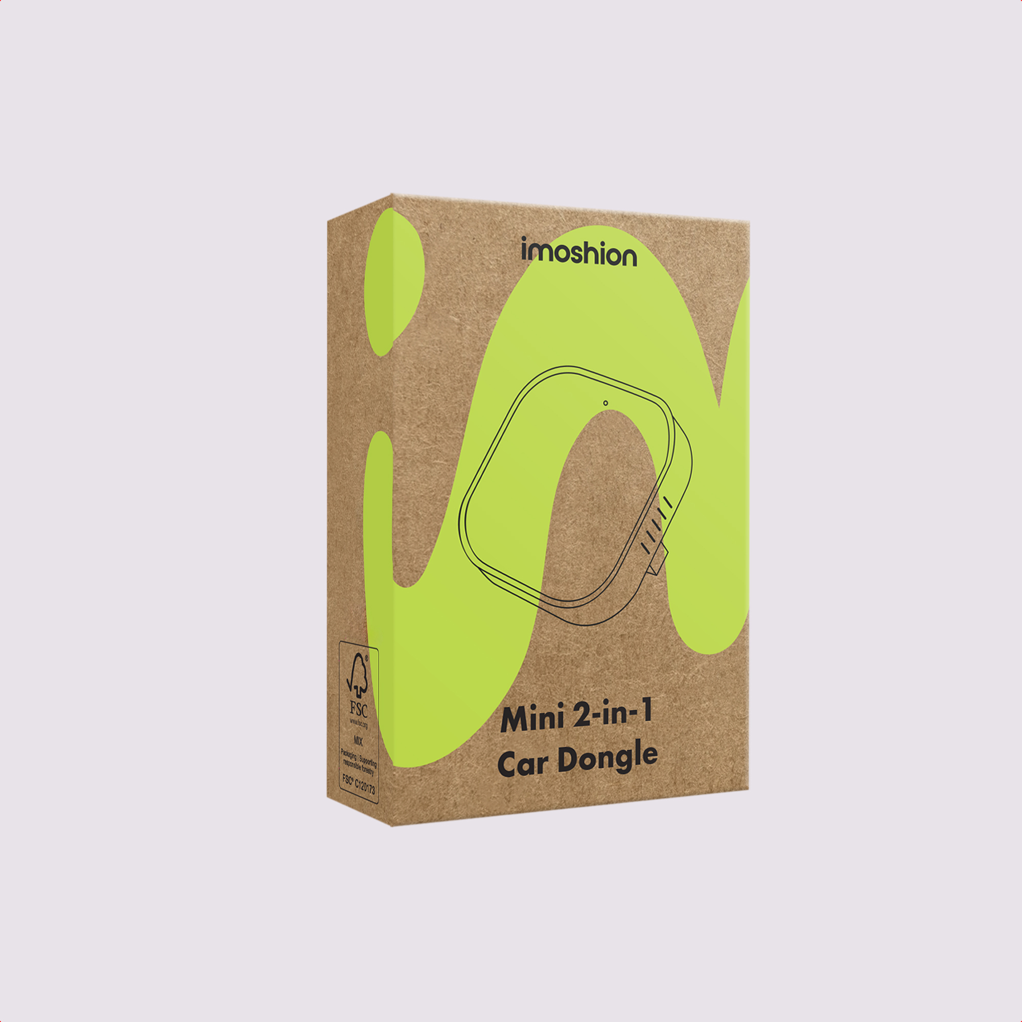 A cardboard box labeled "imoshion Mini 2-in-1 Car Dongle".