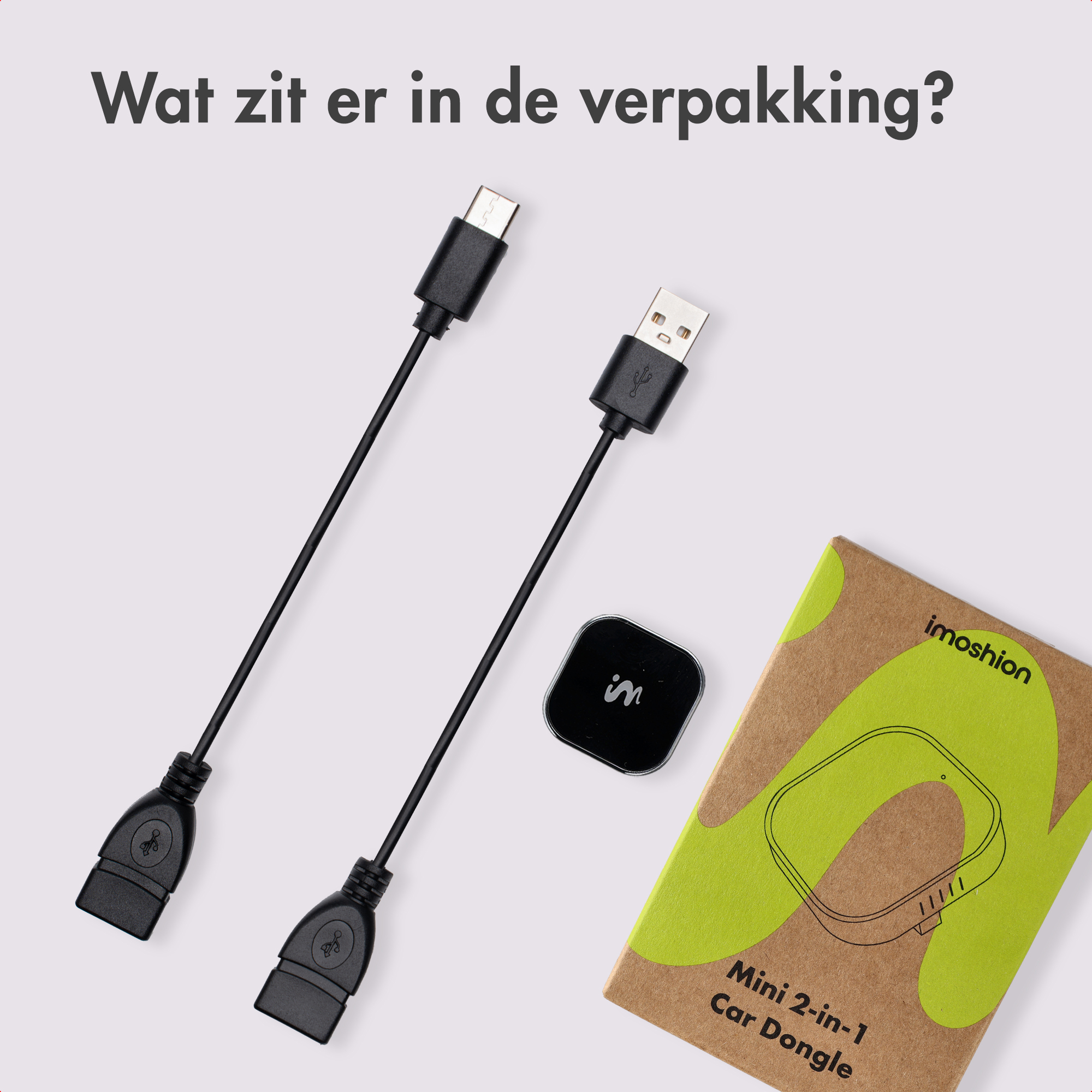 Two USB cables, a dongle, and packaging for a car dongle.