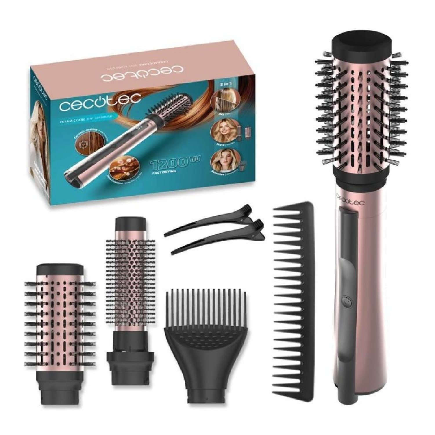 Haartrockner mit Zubehör und Verpackung, Roségold und Schwarz.