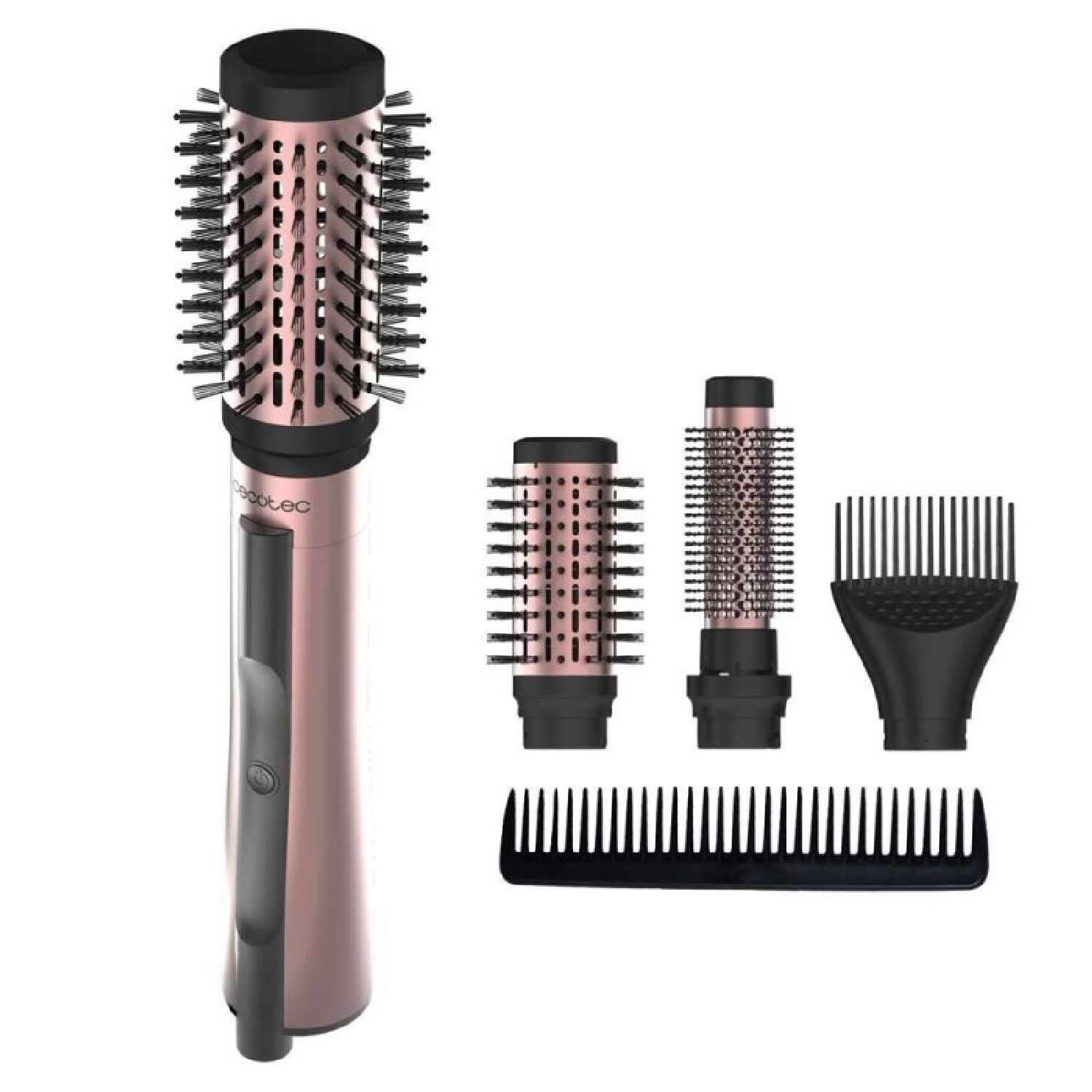 Roségoldfarbener Haartrockner mit Aufsätzen: Bürste, Konzentrator, Diffusor und Kamm.