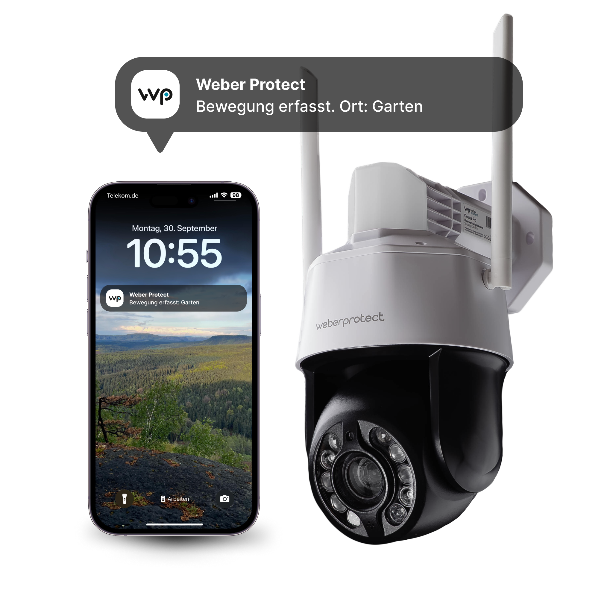 Weber Protect Überwachungskamera neben einem Smartphone mit Benachrichtigung.
