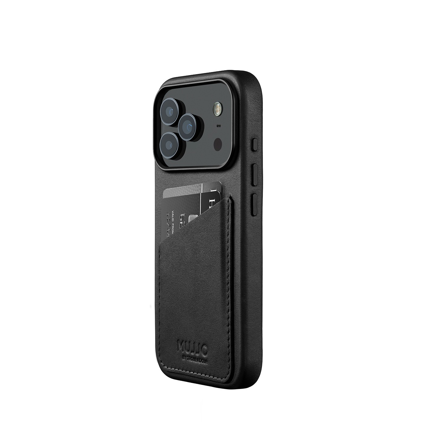 Czarny telefon z modułem aparatu i etui na karty z tyłu.