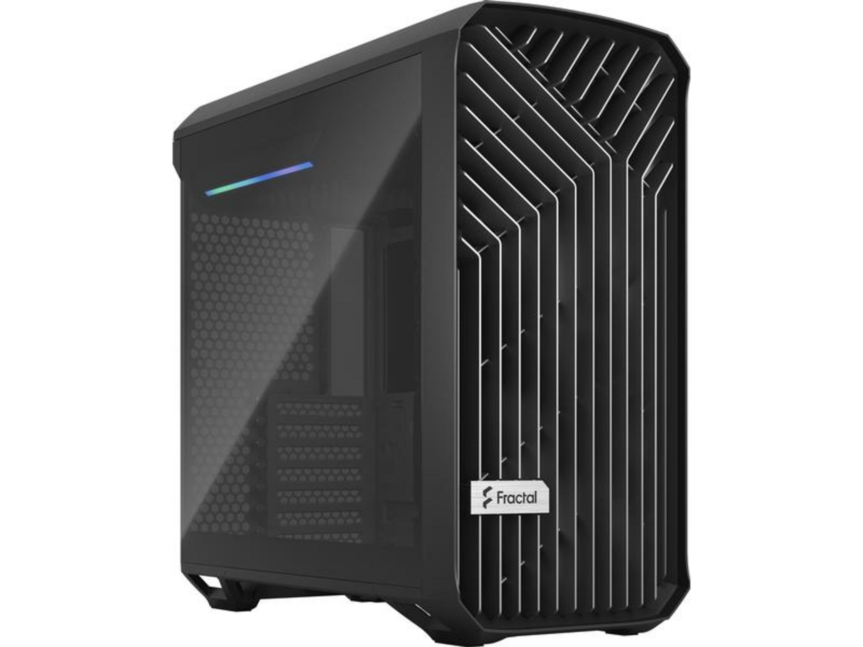 Case PC nero con pannello laterale in vetro e linee bianche verticali sul davanti.