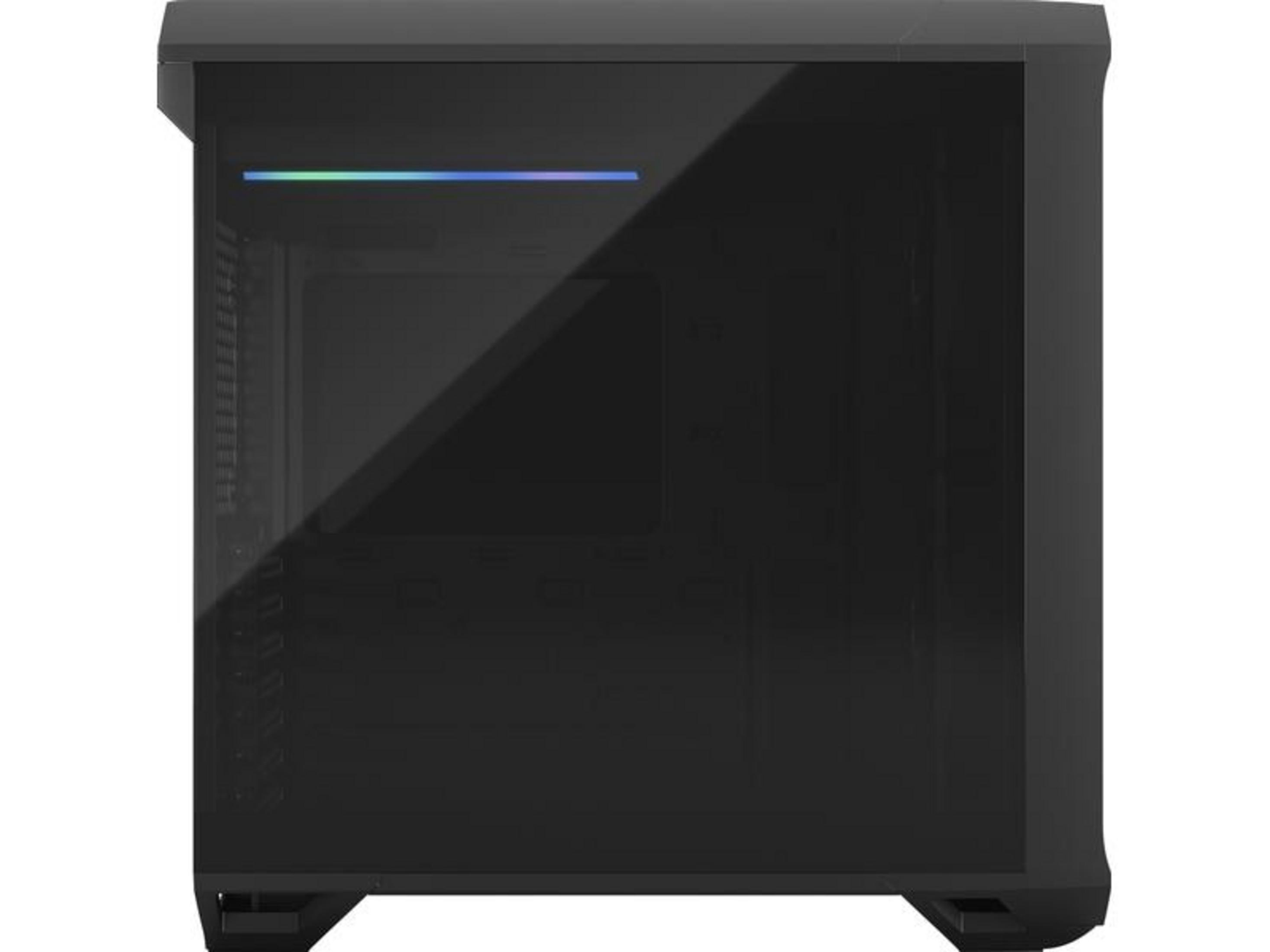 Case per computer nero con frontale in vetro e striscia RGB in alto.