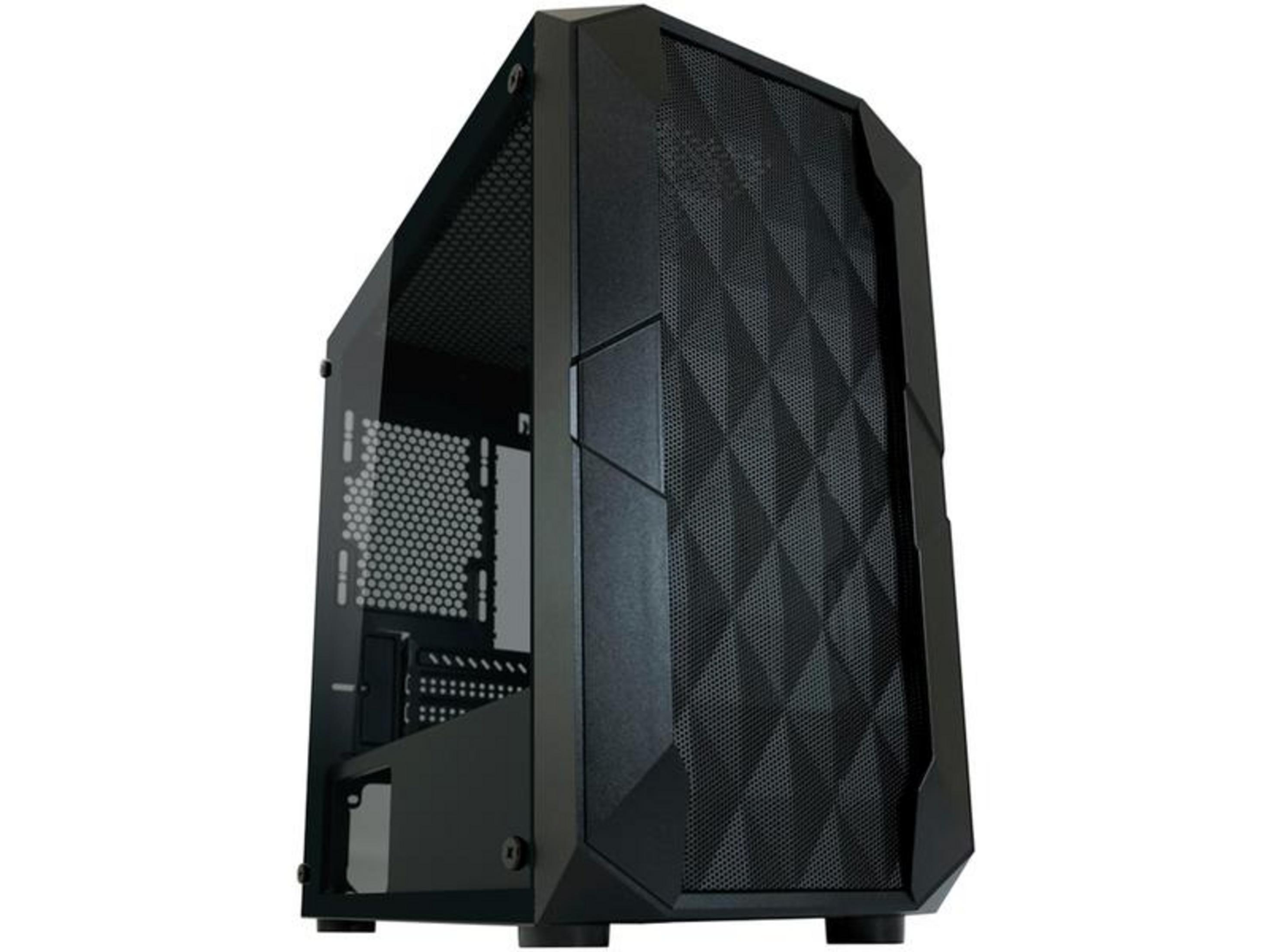 Case PC nero con frontale in vetro e motivo a griglia.