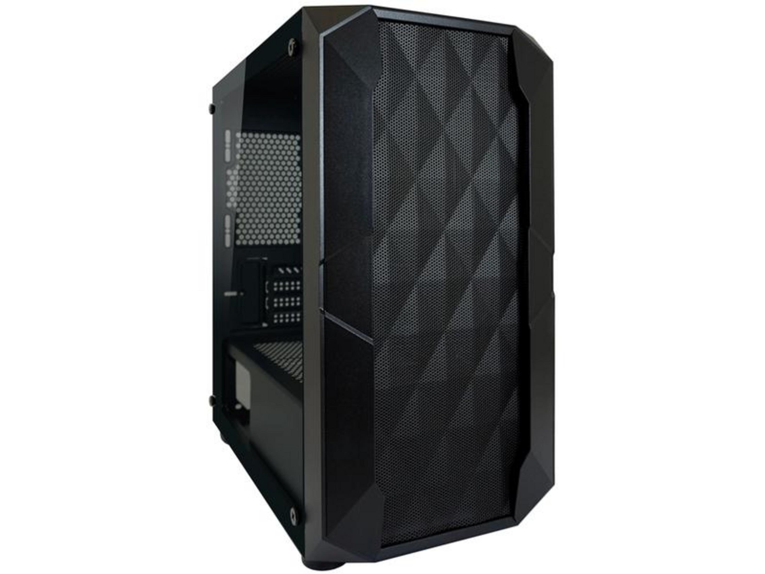 Un case PC nero con pannello frontale in mesh e lato in vetro.