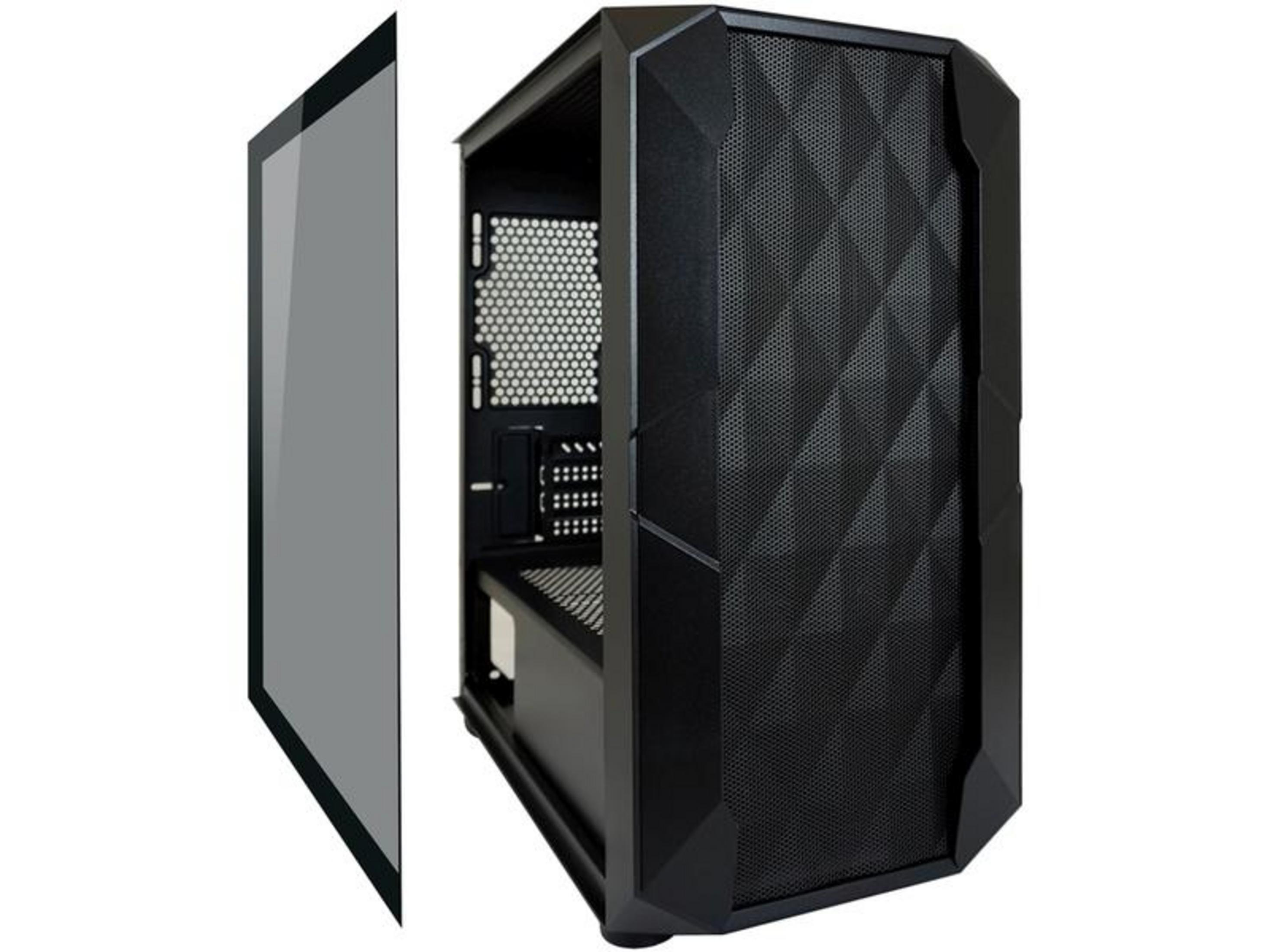 Case PC nero con frontale in vetro e lati in mesh.
