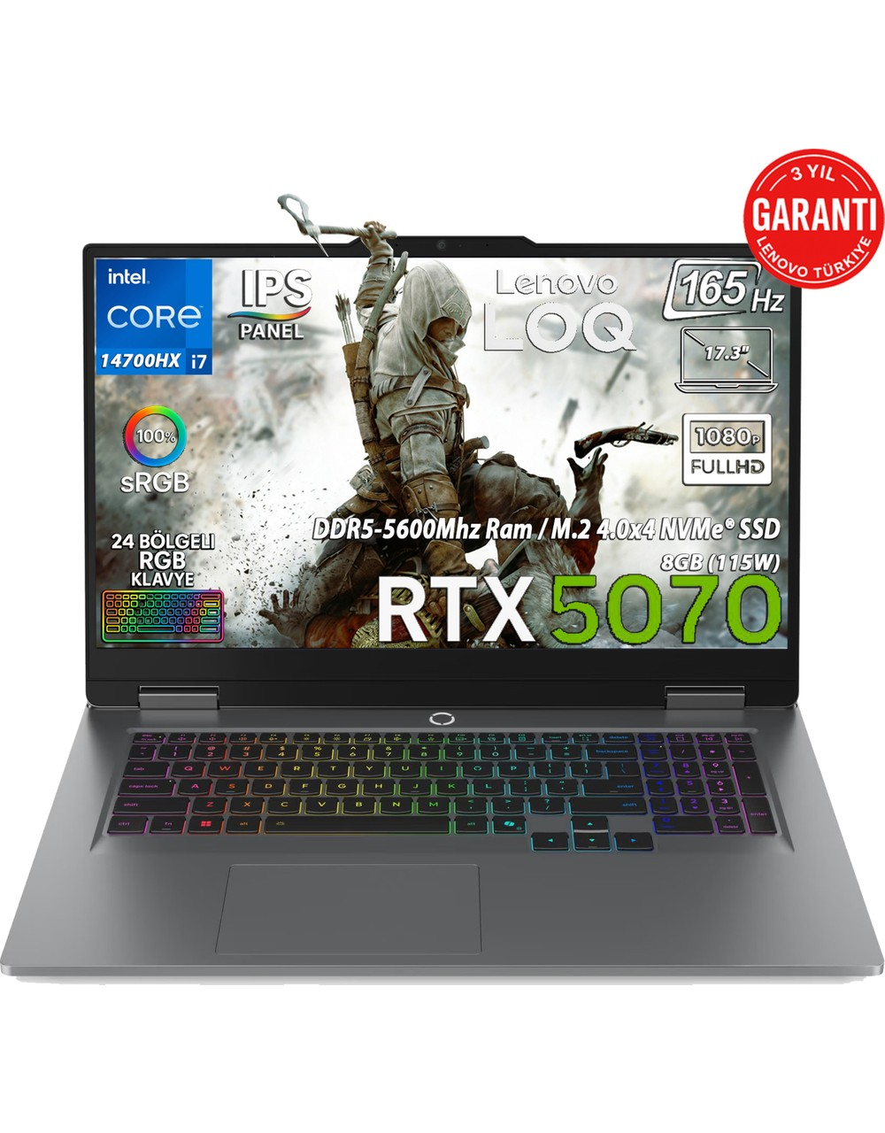 LENOVO LOQ 17IRX10 GeforceRTX 5070 8GB 115W FHD IPS Panel 165Hz 83JH00BCTRAT34 Intel Core i7-14700HX 20 GB RAM 512 GB SSD 17,3 inç FreeDOS Laptop Gri