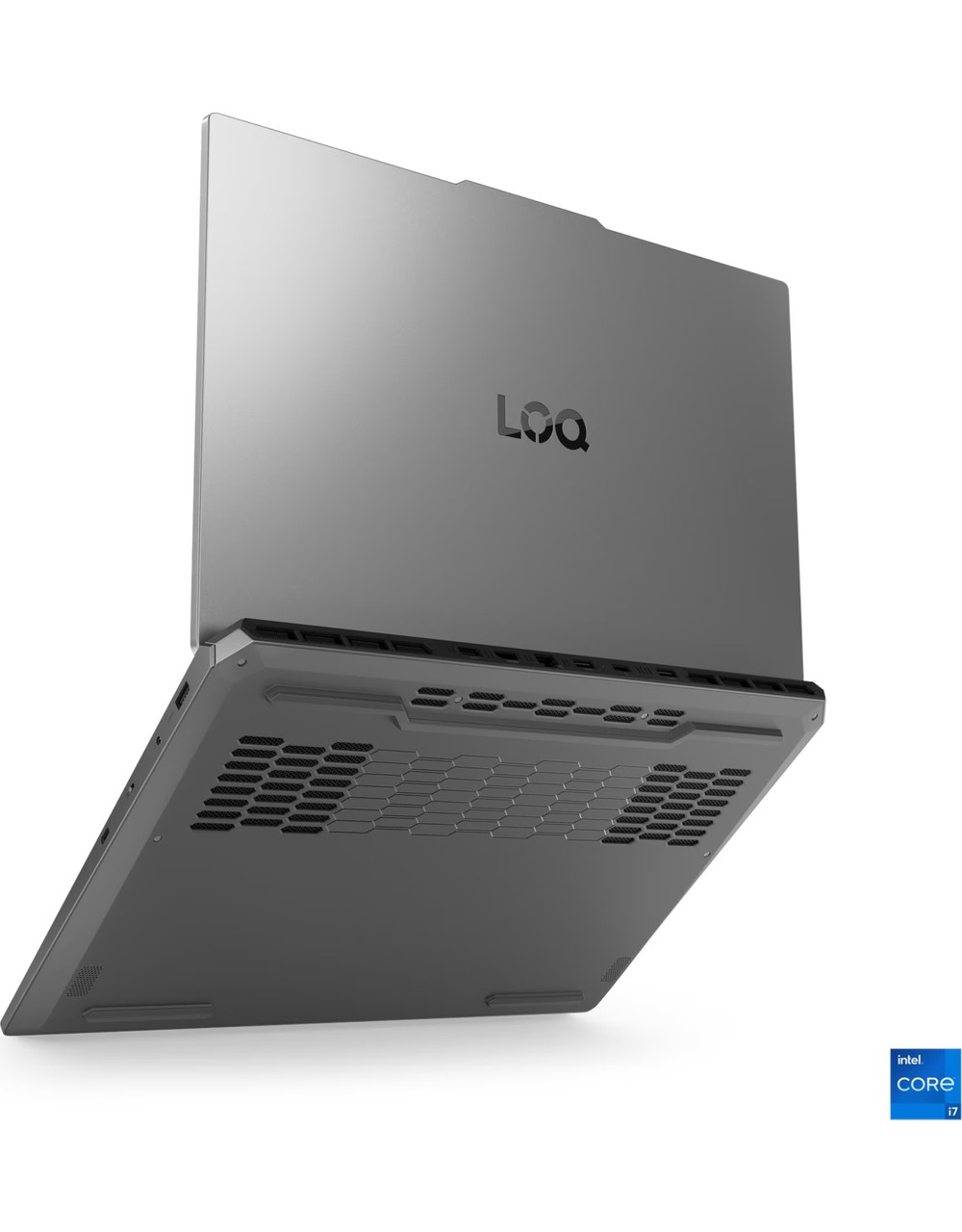 LOQ logolu gri dizüstü bilgisayar, havalandırma ızgaralı alt taraf ve Intel Core i7 etiketi.