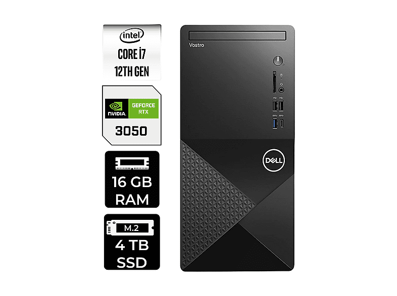 DELL Vostro 3030MT RTX3050 6GB N6007VDT3030MTP484 PER4 Bellek Intel Core i7-12700 16 GB RAM 4 TB SSD FreeDOS Masaüstü Bilgisayar