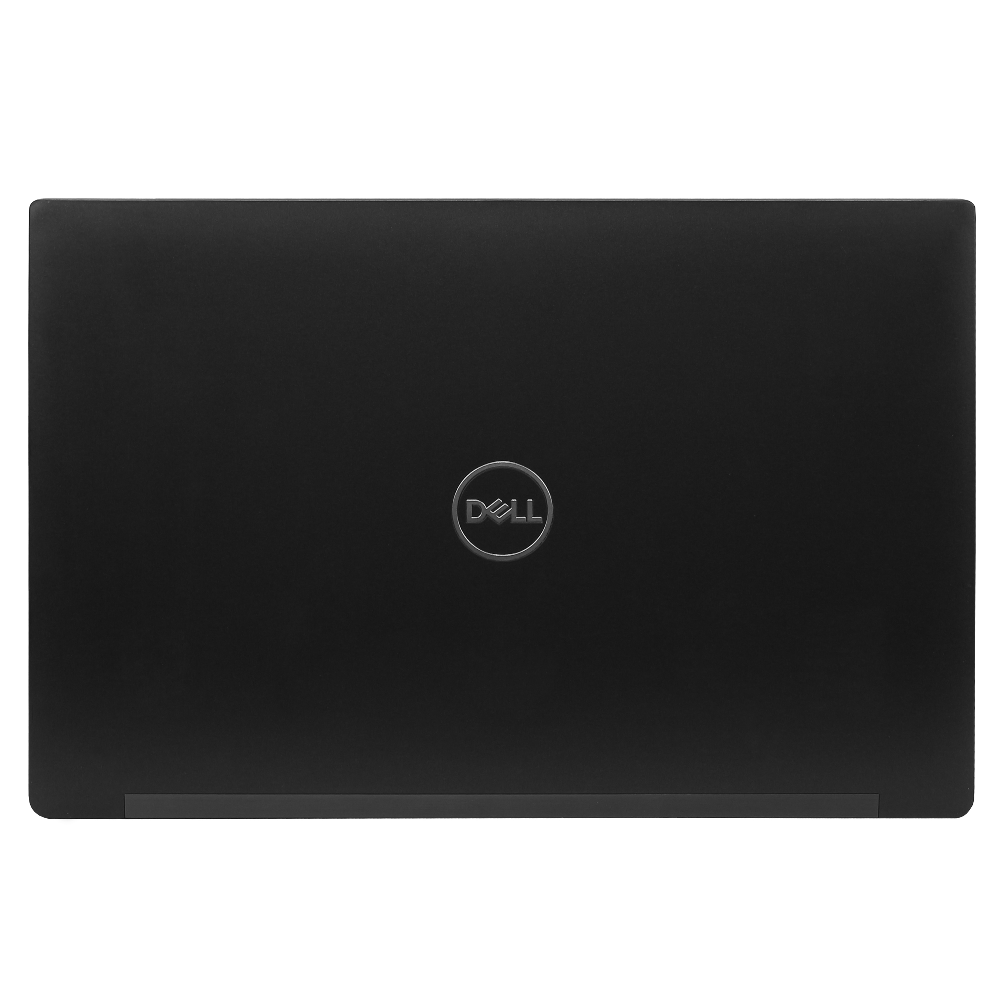 Geschlossener schwarzer Dell Laptop mit Logo auf der Oberseite.