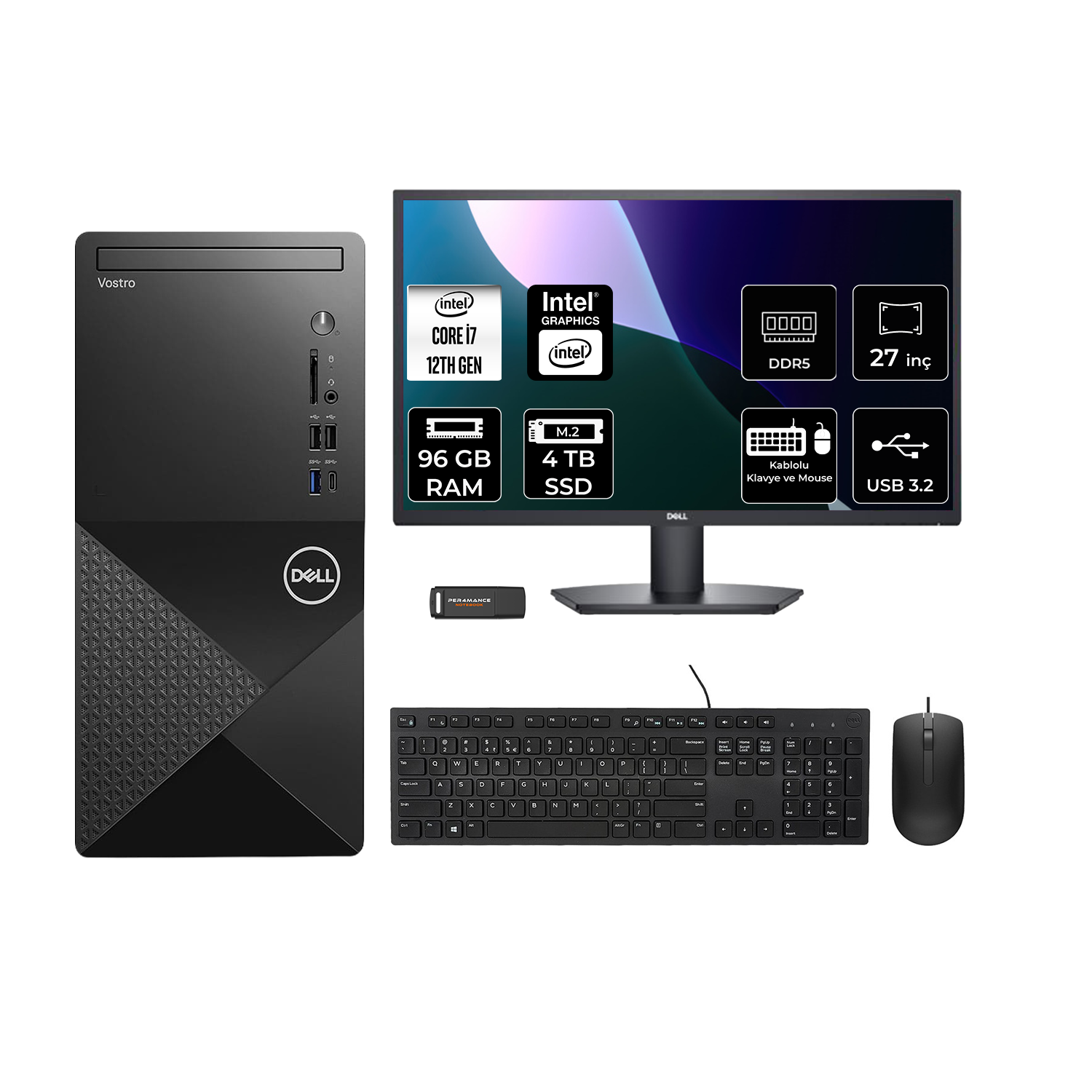 DELL Vostro 3030MT 27" N6007VDT3030MTP920 PER4 Bellek Intel Core i7-12700 96 GB RAM 4 TB SSD FreeDOS Masaüstü Bilgisayar