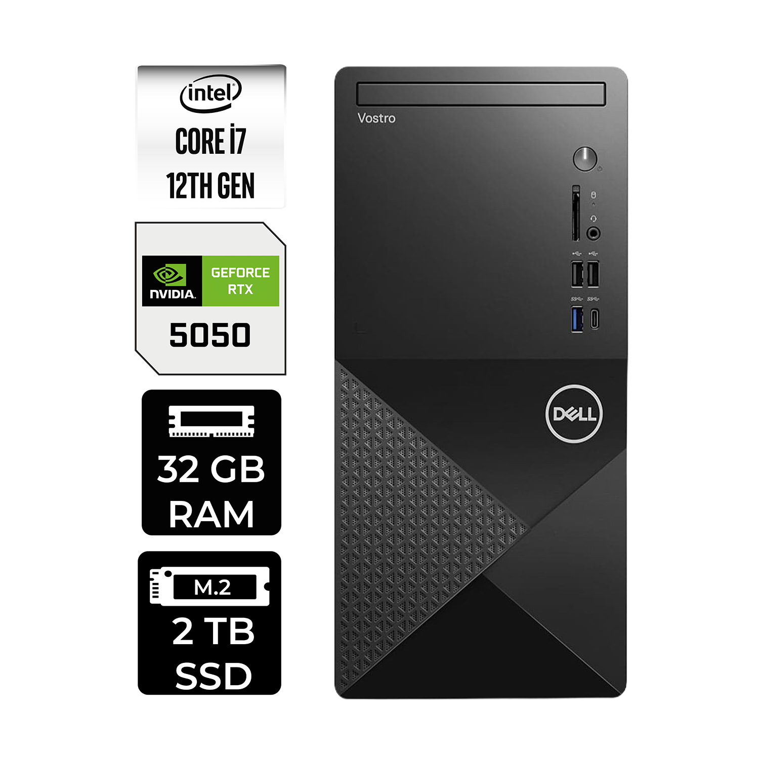 DELL Vostro 3030MT RTX5050 8GB N6007VDT3030MTP547 PER4 Bellek Intel Core i7-12700 32 GB RAM 2 TB SSD FreeDOS Masaüstü Bilgisayar