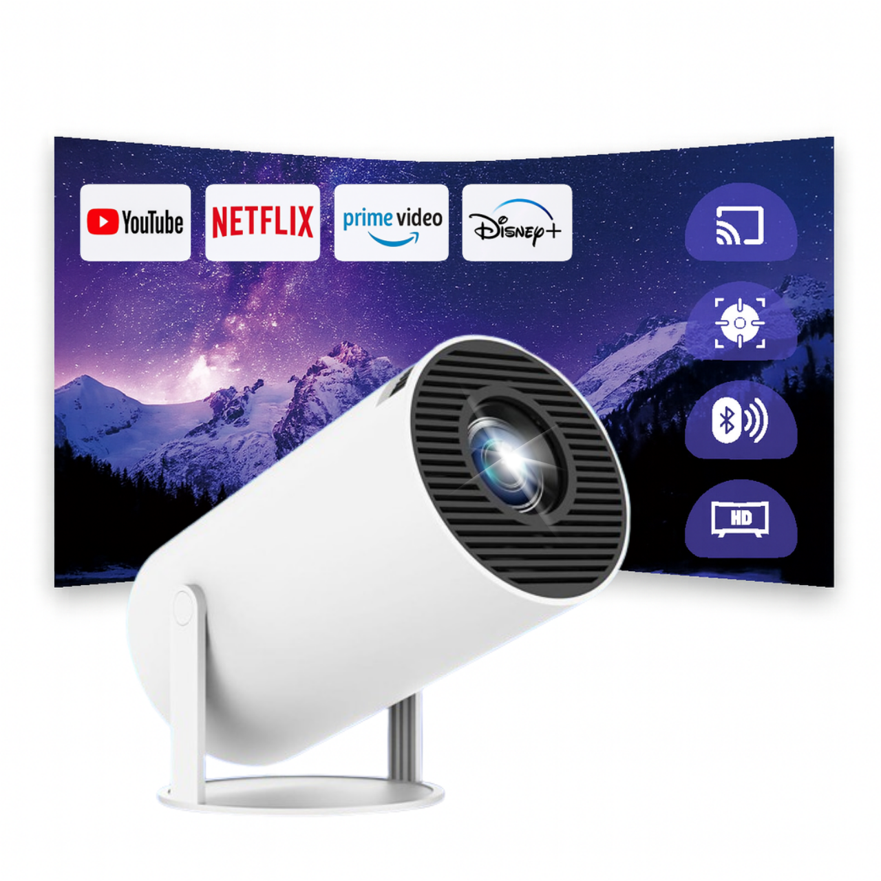 Weißer Projektor zeigt Streaming-Logos vor Sternenhintergrund mit Bergen.