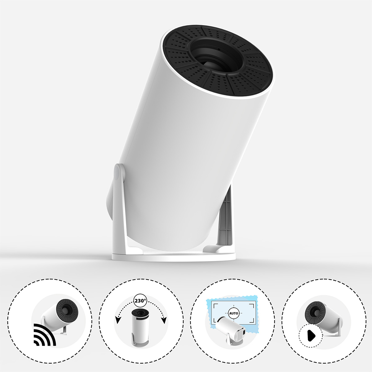 Ein weißer Projektor auf einem Ständer mit vier kleinen Symbolen darunter, die Funktionen zeigen.