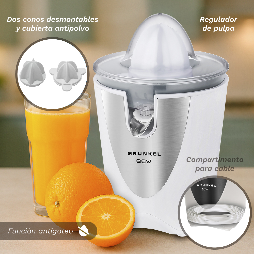Un exprimidor blanco con naranjas, un vaso de zumo y conos desmontables.
