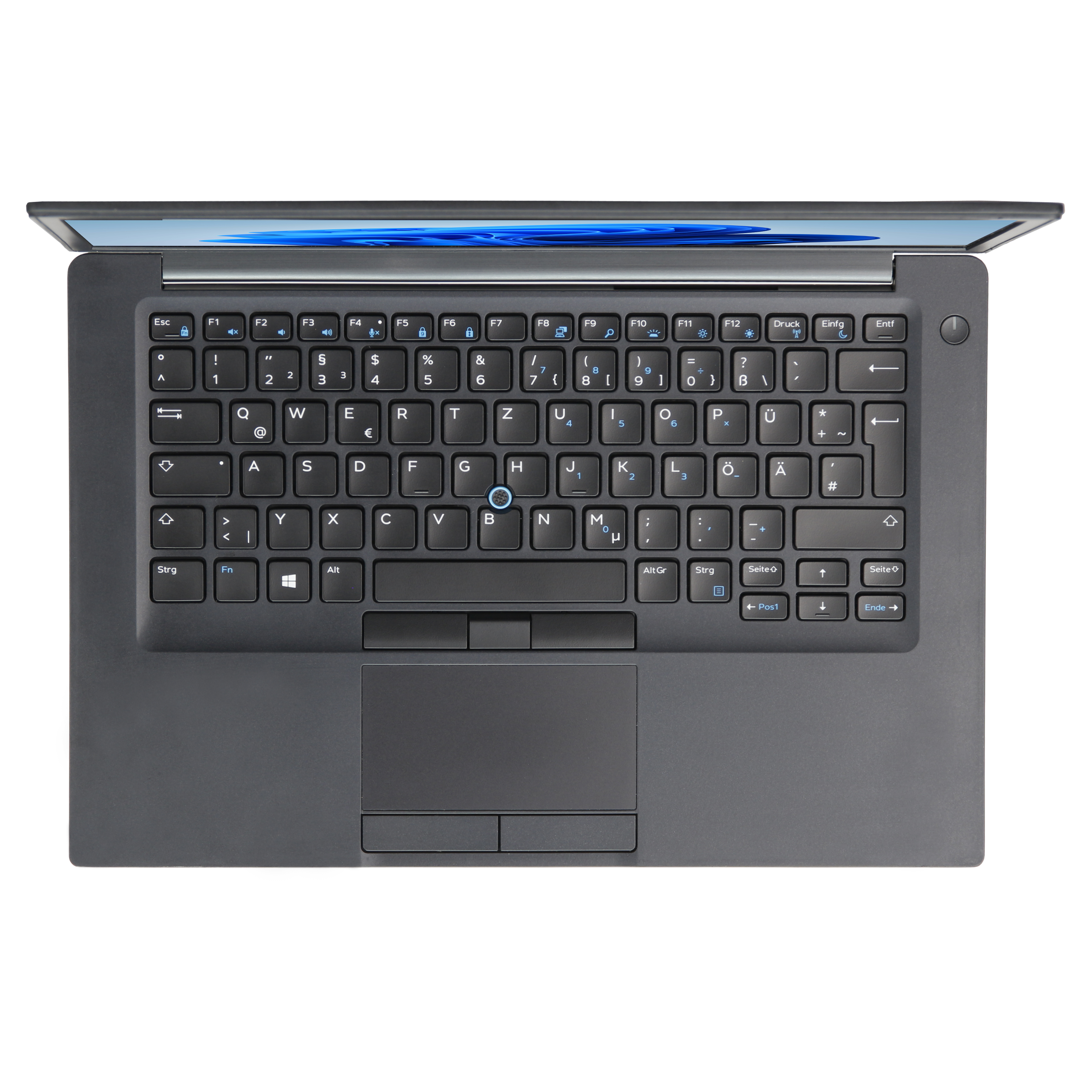 Ein offener, dunkler Laptop mit beleuchtetem Bildschirm, der auf einer weißen Fläche steht.
