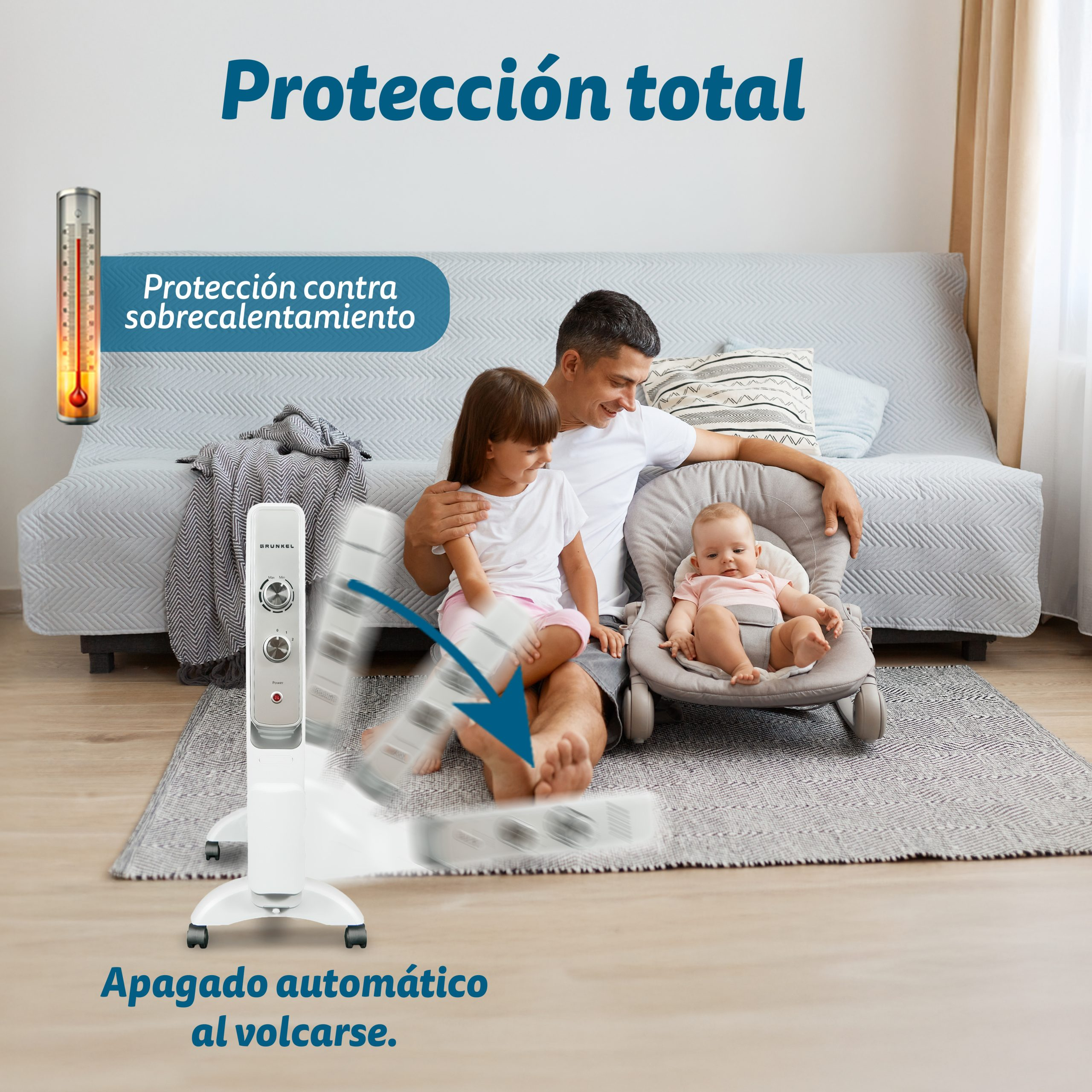 Un hombre se sienta con dos niños en un sofá. Un radiador delante.