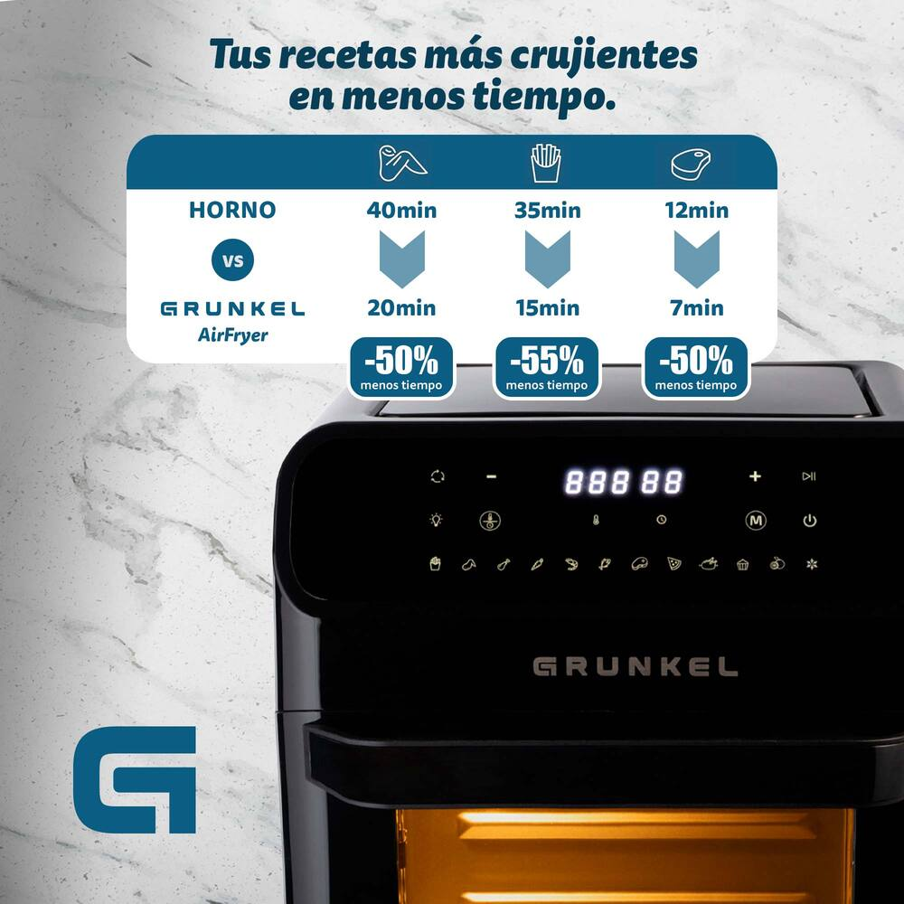 Una friggitrice ad aria GRUNKEL nera con tempi di cottura comparativi per forno vs. friggitrice ad aria per ali, patatine e bistecche.